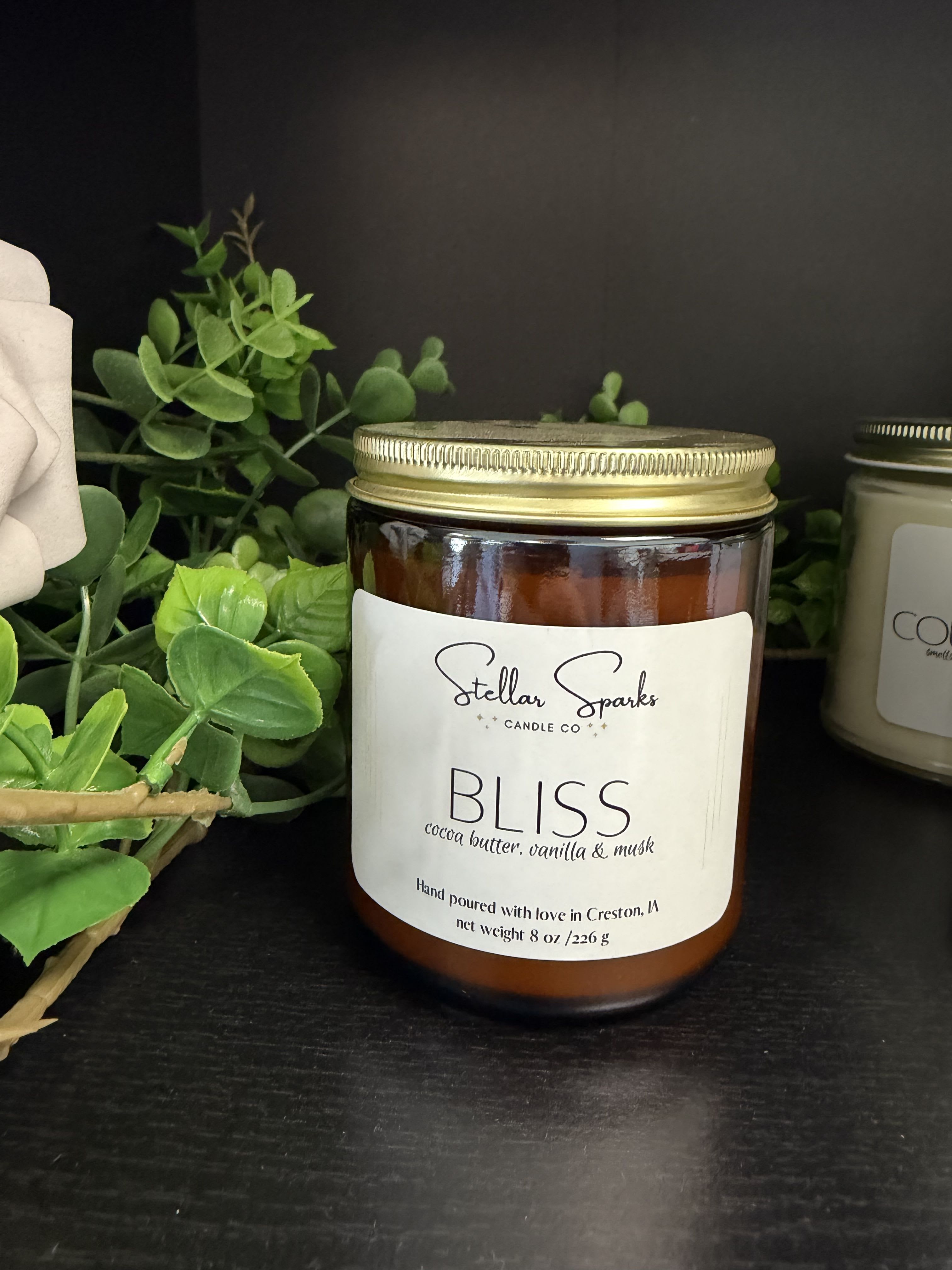 Bliss 8oz Candle - A soft, soothing scent in an amber glass jar-this 8oz Bliss candle makes a thoughtful gift for birthdays, housewarmings, or a simple "thinking of you" moment. The arrangement-style styling with dense green foliage gives the candle a natural, cozy presence that feels like bringing a quiet, restorative corner of the home to someone you care about.  The candle comes in a warm amber glass jar with a gold metal lid and a clean white front label that reads "Bliss." Finished with simple black text and paired visually with deep green foliage, it presents as an elegant yet understated home fragrance piece. Ideal as a small gift or part of a personal relaxation ritual, the 8oz size is easy to place on a shelf or bedside table and invites lingering, calming scent without overpowering a room.