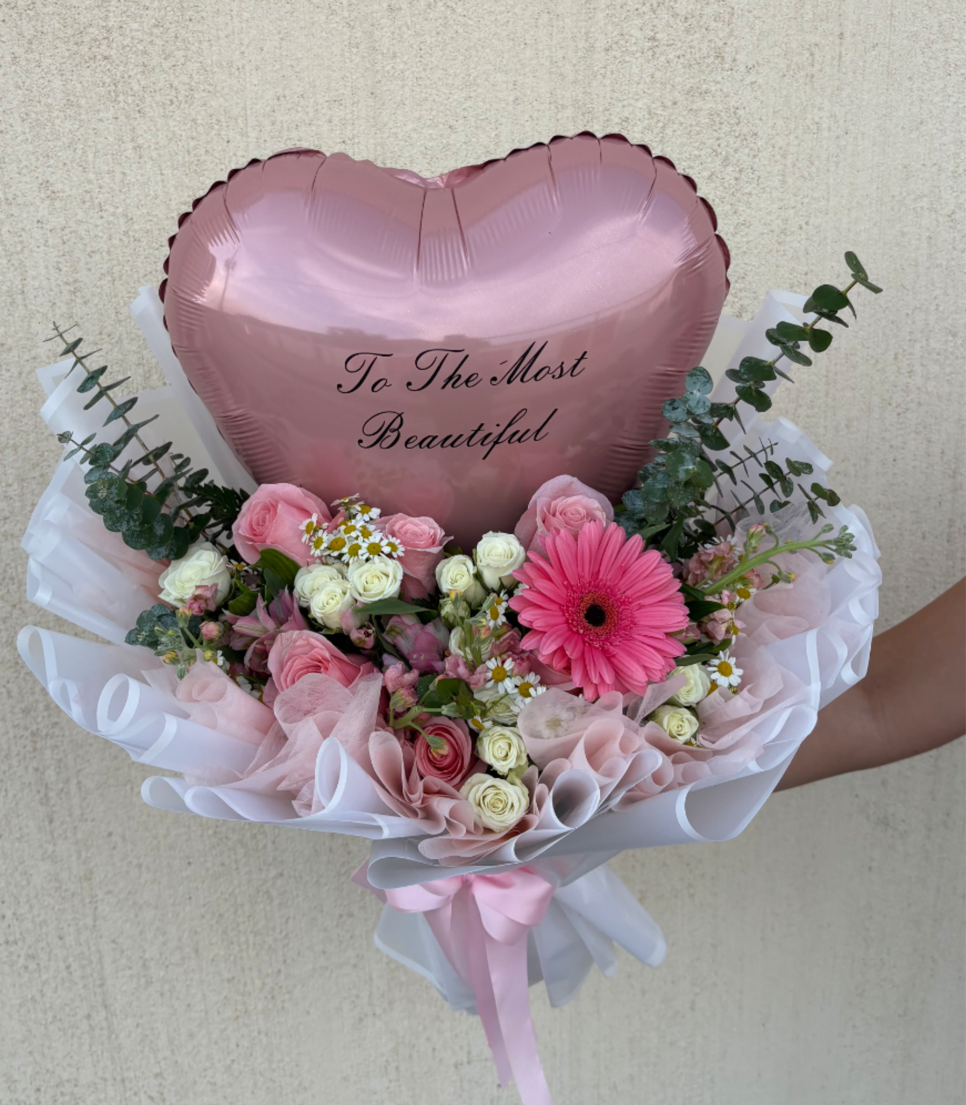 Pink Ballon  - Custom Message Balloon Bouquet  With Mix Blooms pink themed