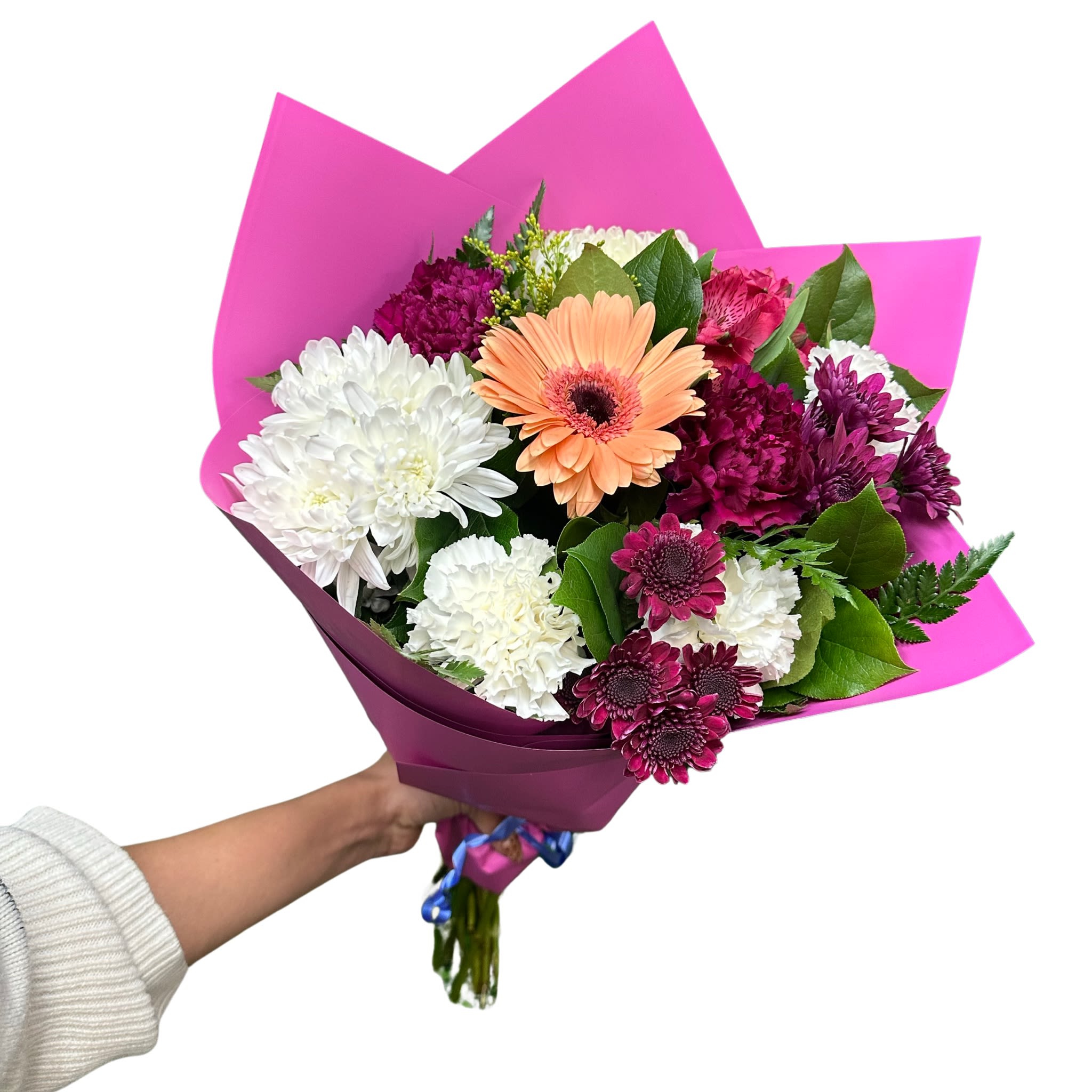 Daily Bouquet Special  - Hand held bouquet with our freshest mix florals. A bright colorful bouquet certain to bring a smile on any one who receives it. Each is wrapped with our premium wrapping paper that best complements the bouquet florals. This bouquet CAN’T BE CUSTOMIZED. Designer has the absolute freedom to use any flowers and colors that we have available. No request could be made on this special. 