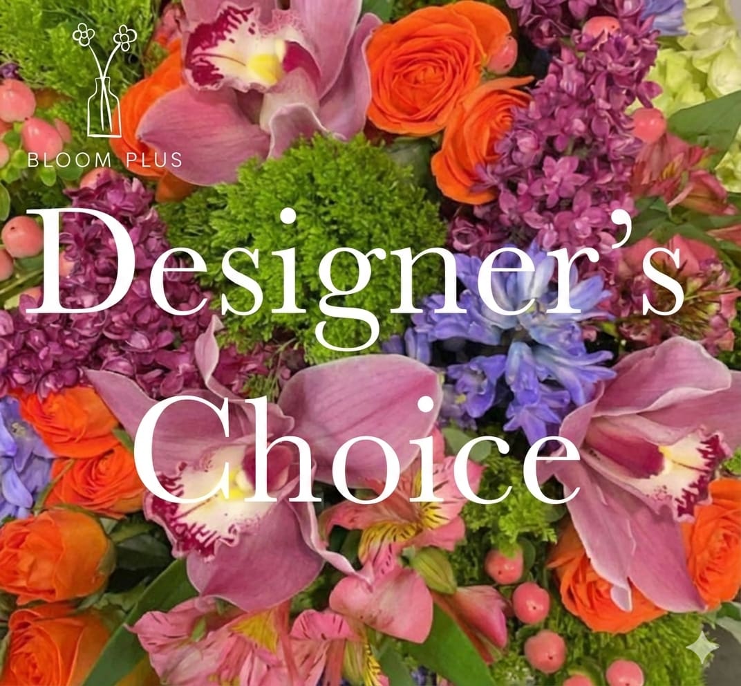 Mixed bouquet with pink orchids, orange roses, and purple flowers