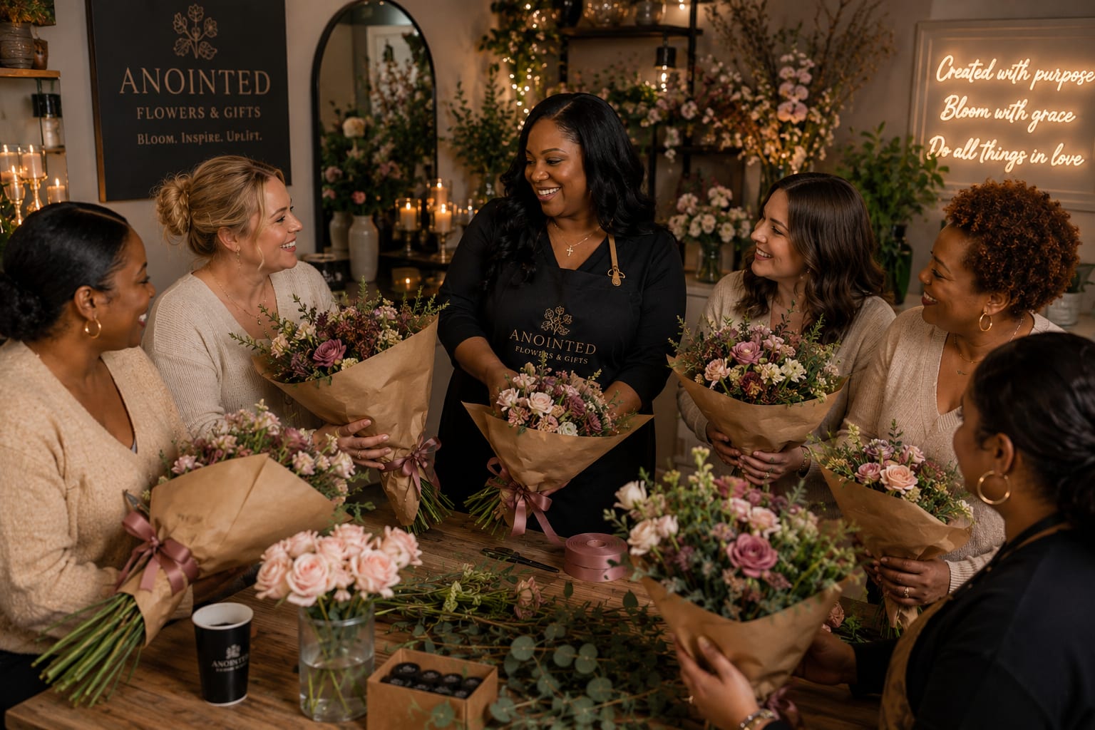 Signature Bouquet Workshop  - Private Floral Experience  Enjoy a peaceful one-on-one floral design experience where you’ll learn the art of creating a beautifully wrapped bouquet from start to finish. This private session includes hands-on guidance in flower prep, color harmony, layering techniques, bouquet shaping, and elegant wrapping.  You’ll work with curated seasonal blooms in a relaxed and inspiring environment while creating a bouquet that reflects your personal style.  All flowers, wrapping materials, and tools are included.  • One-on-one instruction with Lashonda, certified wedding planner &amp; floral designer • Premium seasonal blooms + elevated wrapping • Beginner friendly • Calm, creative, relaxed atmosphere • Held at Anointed Flowers &amp; Gifts in Jackson, TN • Booking required in advance 