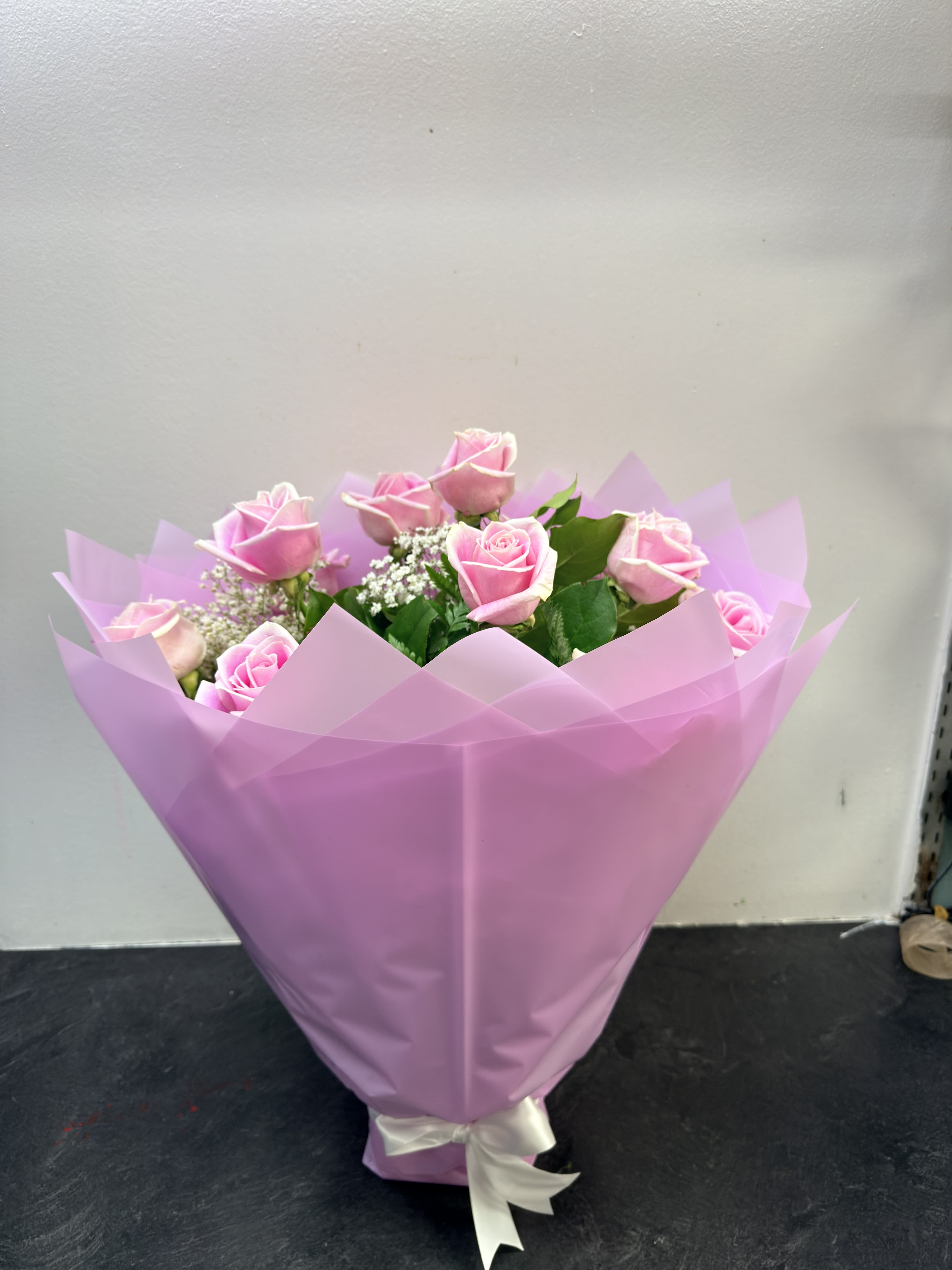 1 Dozen light pink roses  - beautiful light pink roses with babies breath and greens, wrapped nice as Korean style 