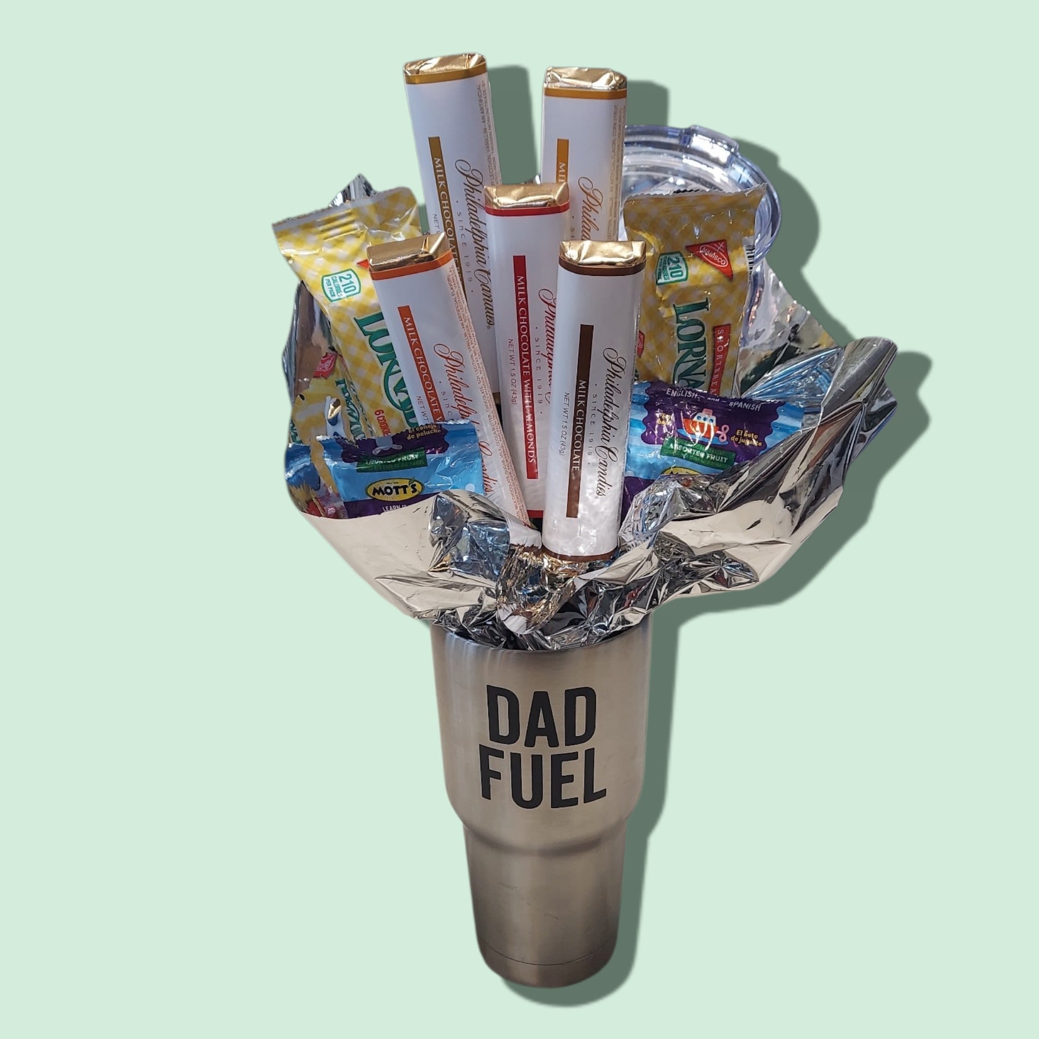 Dad Fuel - 7.5" "DAD FUEL" stainless tumbler filled with Philadelphia chocolate bars, gummies and Lorna Doone cookies wrapped in shiny foil.