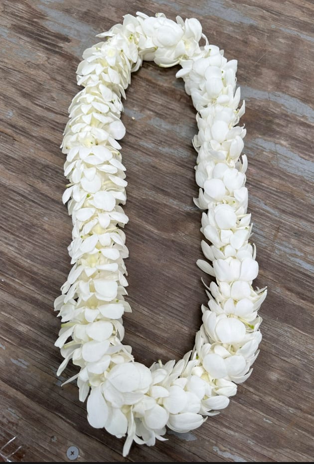 White flower lei laid in a U shape on a wooden surface