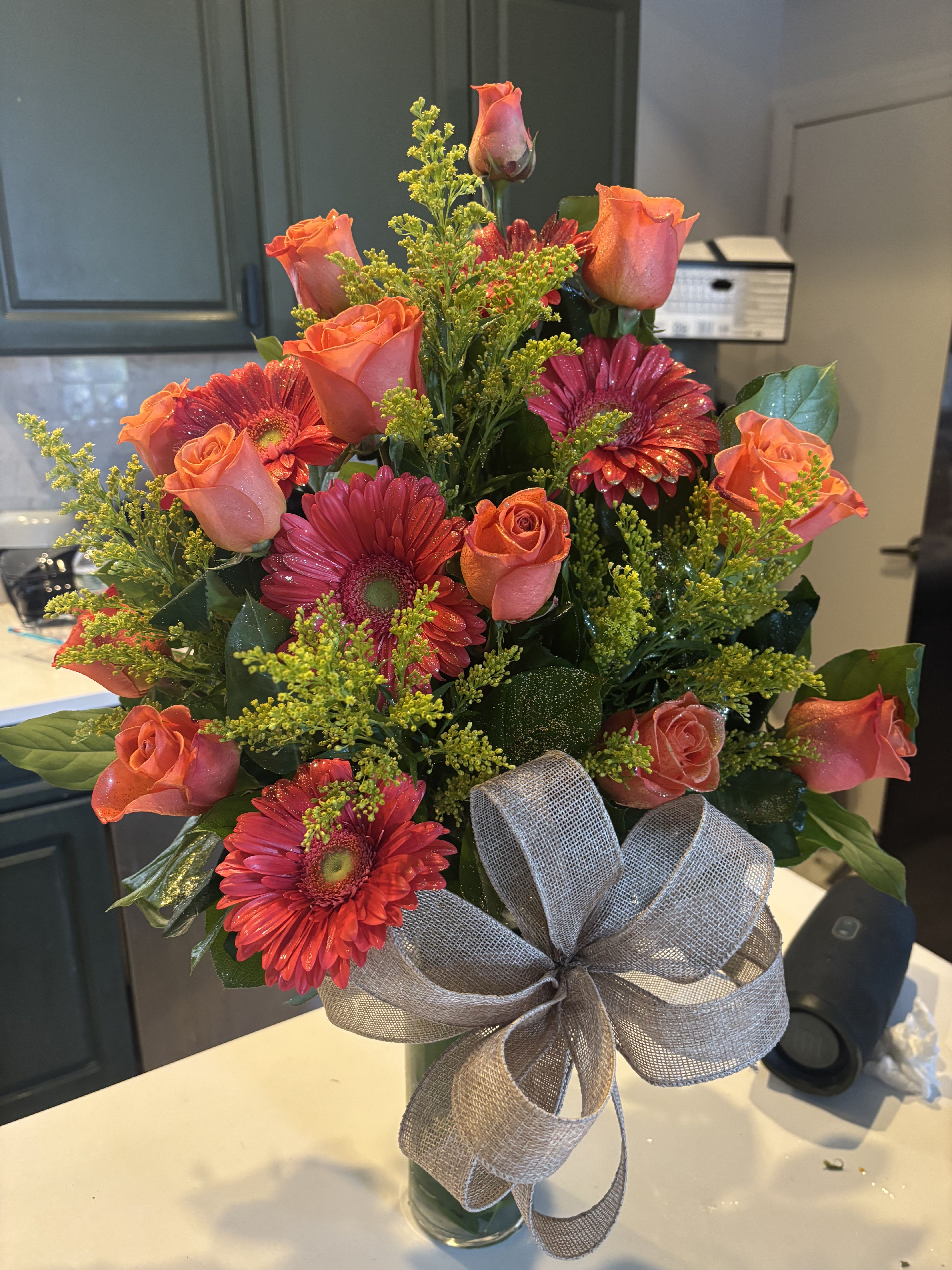 Bergenfield delight  - Mix flower bouquet arranged on glass vase with modern look 