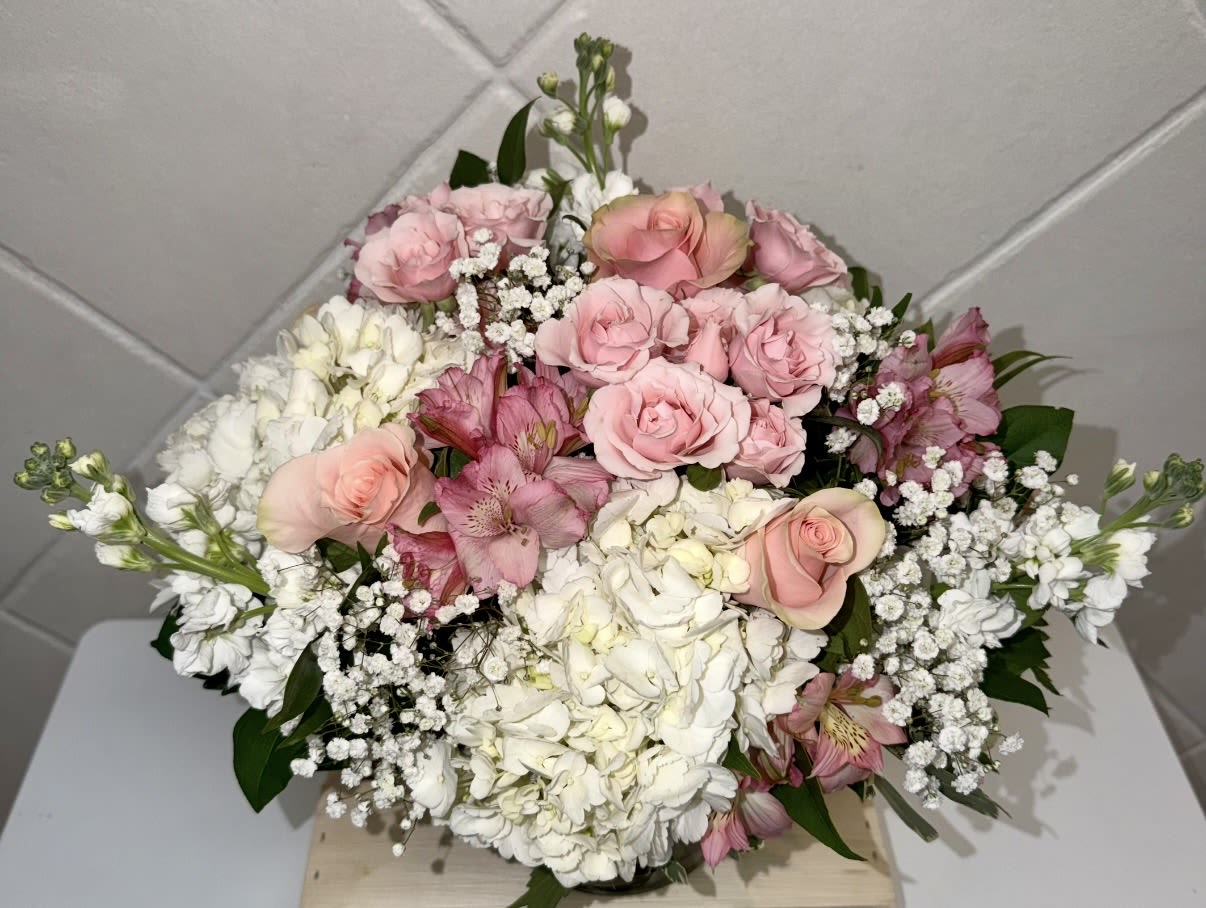 Soft &amp; Sweet Pastel Treat - Clusters of pastels and pink roses mingle with large white hydrangea blooms to create a soft, romantic flower arrangement perfect as a birthday bouquet, Mother's Day gift, anniversary, new baby, or a thoughtful "thinking of you" surprise.