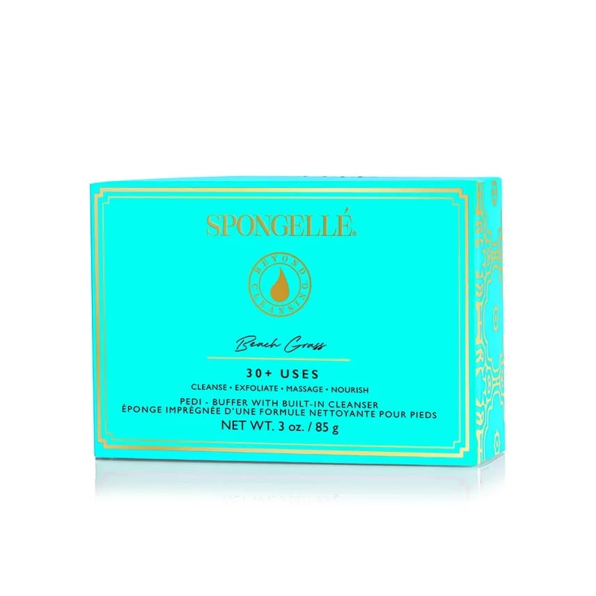 Beach Grass Pedi Buffer Soap Sponge - Bright spa-blue and sunny-yellow packaging makes this gift-ready pedicure buffer feel like a mini at-home treatment. A flower-arrangement-style product listing for a Beach Grass Pedi Buffer Soap Sponge fits perfectly for birthdays or a "just because" pamper-she'll feel seen when you give a thoughtful self-care item that doubles as a pretty present for housewarming, thank you, or part of a gift set.  The turquoise retail box features gold borders and lettering, hinting at an upscale bath-and-body treat inside: a built-in cleanser sponge designed for 30+ uses to cleanse, exfoliate, massage, and nourish skin. The compact, spa-like palette and clean, minimal design make it an easy add-on for Mother's Day or hostess gifts; it tucks neatly into baskets or between stems in a larger arrangement.  Practical and indulgent, this buffer is ideal for someone who loves at-home spa rituals or simple, elegant self-care. Recommend pairing with a small bouquet or candles for housewarming and gift sets, and note that the product's long-lasting 30+ uses provides ongoing salon-style results without frequent replacements.