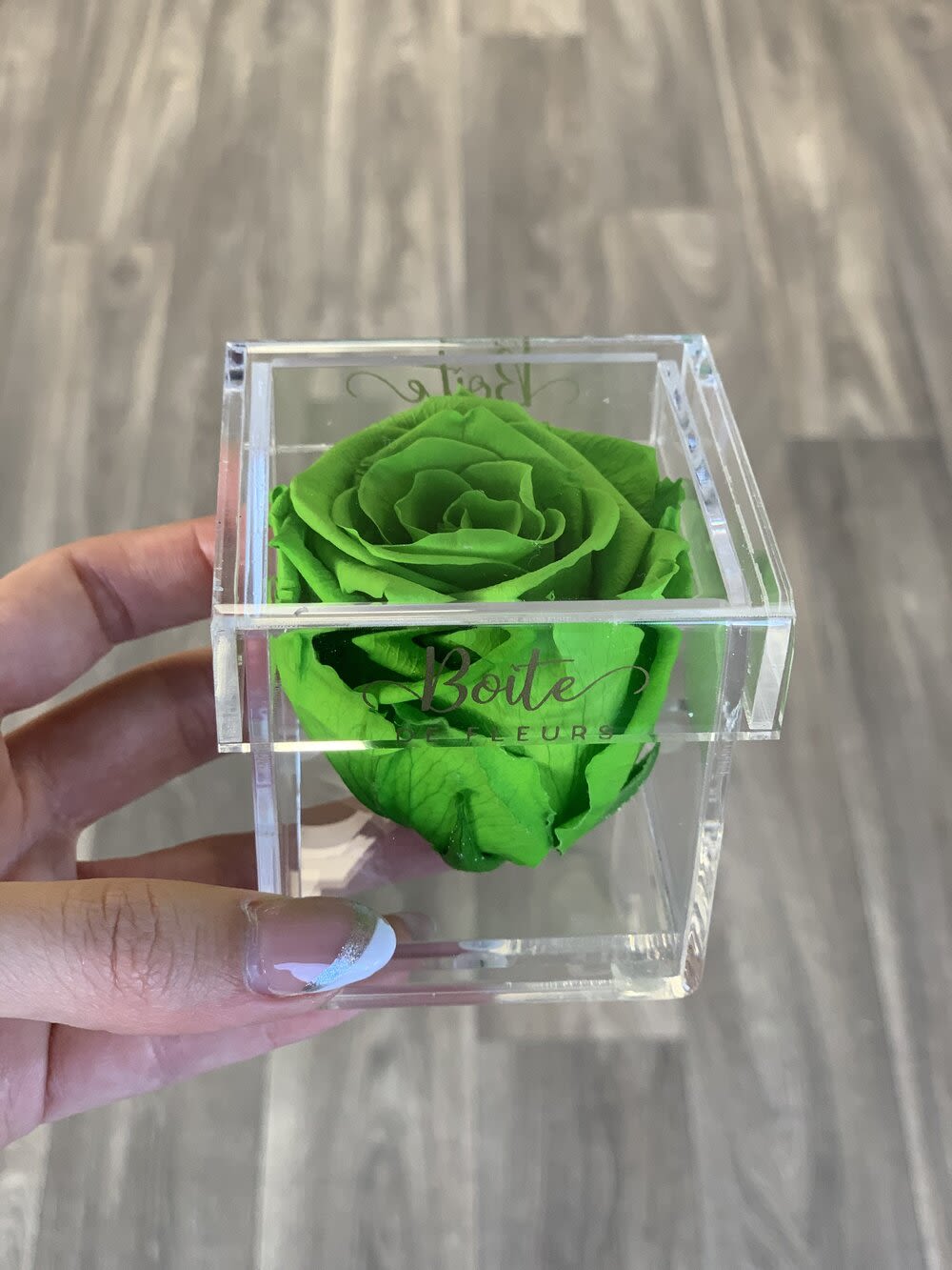 Bright green rose in a clear acrylic box