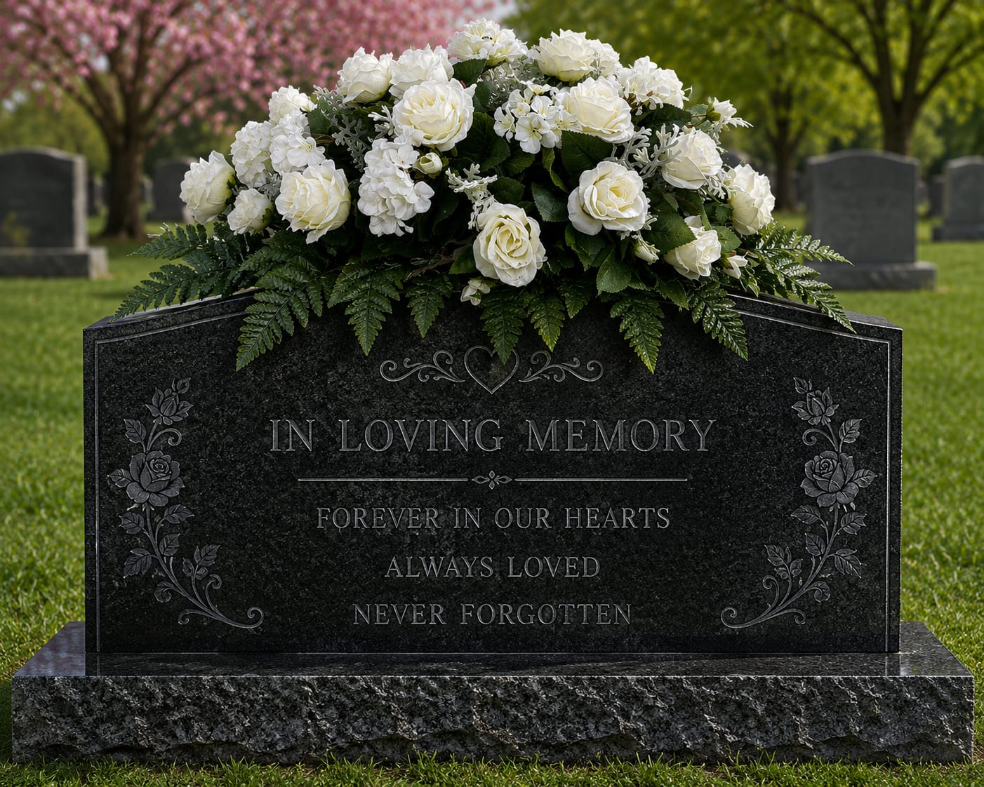 Everlasting Peace Memorial Saddle  - Everlasting Peace is an elegant all-white cemetery saddle designed to honor a loved one with timeless beauty, grace, and remembrance. Featuring white roses accented with mixed white flowers and lush greenery, this peaceful sympathy tribute creates a soft and comforting display for graveside services, cemetery memorials, funerals, Memorial Day, and year-round remembrance.  Designed in a classic garden style with flowing movement and fullness, Everlasting Peace offers a refined all-white presentation appropriate for both traditional and modern memorial settings. Its peaceful color palette symbolizes love, faith, purity, and everlasting remembrance while creating a beautiful tribute for family and friends visiting the gravesite.  This handcrafted cemetery saddle is created fresh by Aspen Tower Florist and designed to fit securely on most upright headstones. Flower varieties may vary based on seasonal and wholesaler availability. While each arrangement will not look exactly the same as the one pictured, every Everlasting Peace saddle will remain all white in style and will include white roses accented with other coordinated white flowers of equal beauty and value.  Available for pickup through Aspen Tower Florist.