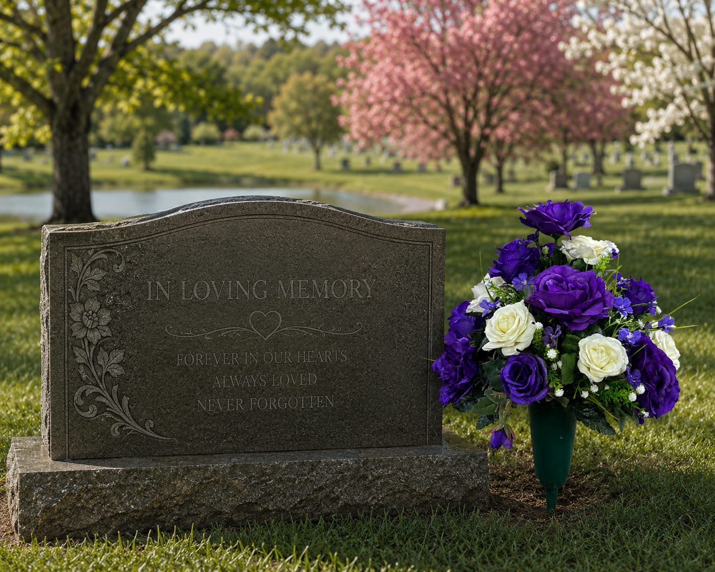 Peaceful Reflections Memorial Arrangement - Peaceful Reflections is an elegant purple and white all-around memorial arrangement designed to bring comfort, beauty, and remembrance to cemetery spaces, gravesites, memorial gardens, mausoleums, and places of reflection. Created in soft shades of purple, lavender, white, and lush greenery, this arrangement offers a peaceful and timeless tribute for honoring loved ones throughout every season.  Designed in a durable memorial container for cemetery placement, Peaceful Reflections features flowers selected for fullness, texture, color harmony, and natural movement. Purple flowers traditionally symbolize remembrance, dignity, peace, admiration, and comfort, making this arrangement especially meaningful for anniversaries, memorial occasions, birthdays in heaven, and heartfelt remembrance tributes.  This all-around memorial arrangement is designed for beautiful viewing from every angle and creates a graceful presentation for cemetery monuments, outdoor memorial displays, and remembrance settings. Flowers and colors may vary based on seasonal and supplier availability. Overall style, color palette, and feel will remain similar to the arrangement shown.