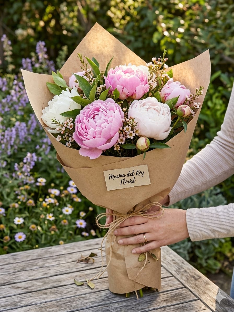 Peony Garden - Large, blousy pink and white peonies take center stage in this hand-tied flower arrangement, perfect as a birthday bouquet or a romantic anniversary gift. The softness of the pastel palette and rounded peony heads creates an immediate feeling of tenderness-she'll feel genuinely celebrated the moment the kraft-wrapped stems are set on the table.  The arrangement pairs those lush peony blooms with small filler blossoms and glossy green foliage for texture and movement, finished with natural kraft paper, twine, and a paper label for an artisanal, market-style look. The casual, loose style reads fresh and effortless, making it a lovely choice for Mother's Day, a "thinking of you" surprise, or to mark special moments when you want the recipient to feel cherished.  Designed to look freshly gathered, this bouquet arrives ready to trim and place in a vase; change the water every two days and recut stems to extend bloom life. Its soft color story and rustic wrapping make it an easy, elegant pick when you want to send warmth and affection.