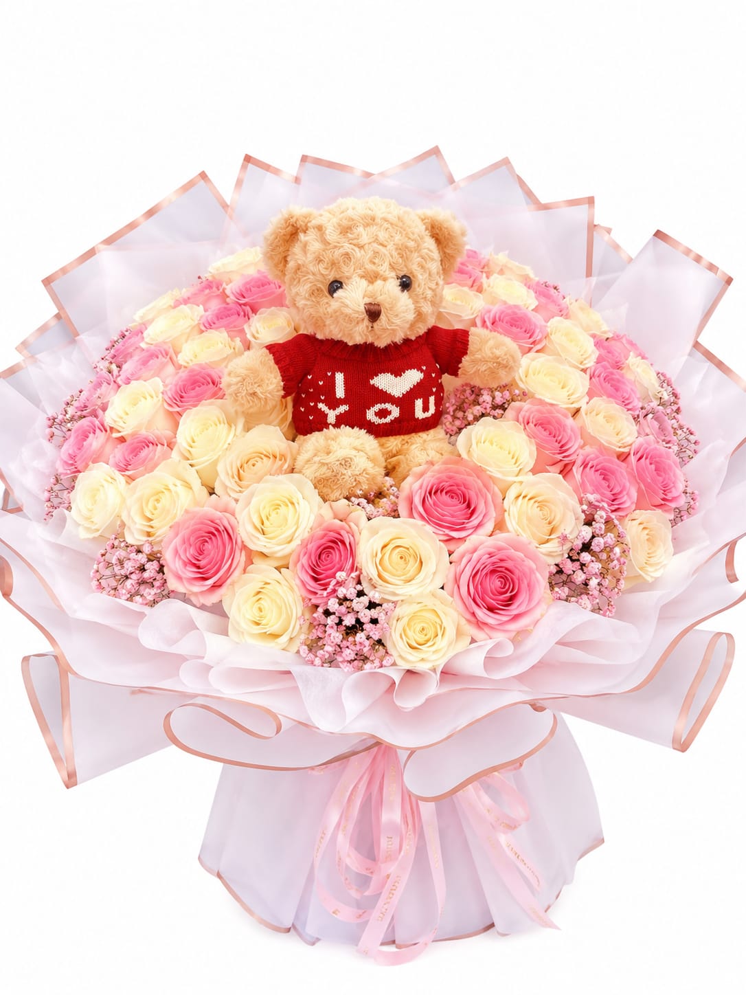 Teddy Bear Love Rose Bouquet - A sweet and romantic bouquet featuring soft pink and ivory roses with an adorable “I ️ YOU” teddy bear. Perfect for birthdays, anniversaries, graduations, baby showers, or simply sending love to someone special.