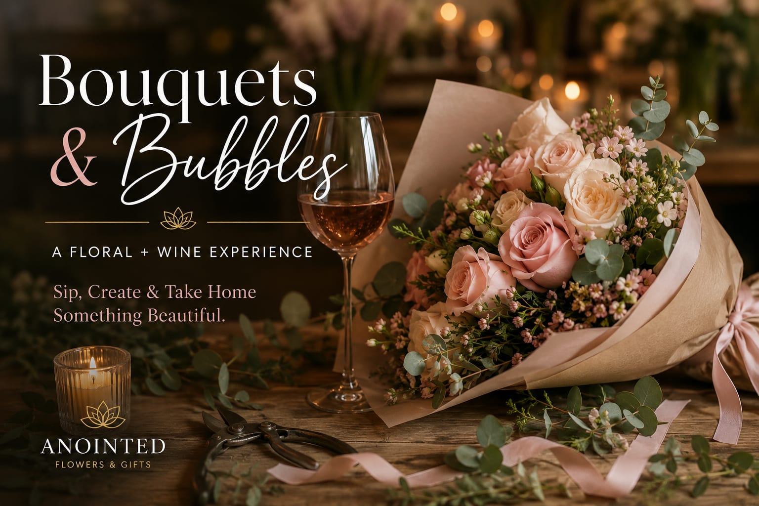 Pink and cream rose bouquet beside a wine glass and candle