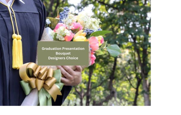 Person holding a graduation bouquet with pink and yellow flowers