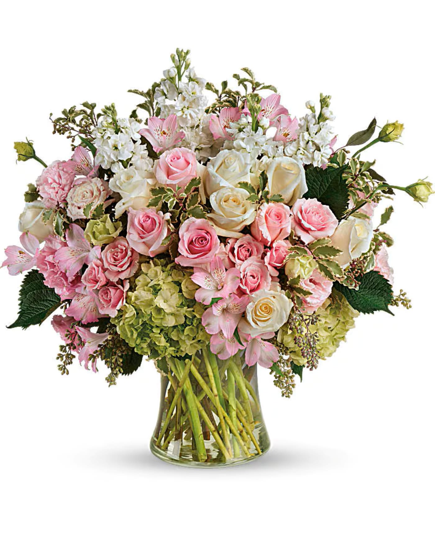 Beautiful Love Bouquet - Simply beautiful, just like your love! Celebrate your feelings with this extraordinary bouquet of pink and white roses, accented with delicate greens and arranged in a graceful glass vase.  This breathtaking bouquet features green hydrangea, FOUR dozen pink and white roses, pink gerberas, light pink/white alstroemeria, pink/white stock and greeneries. Delivered in a large gathering vase.  Standard size: TWO DOZEN ROSES  Complimentary golden card with envelope included.  Picture is a Premium, with FOUR DOZEN ROSES.