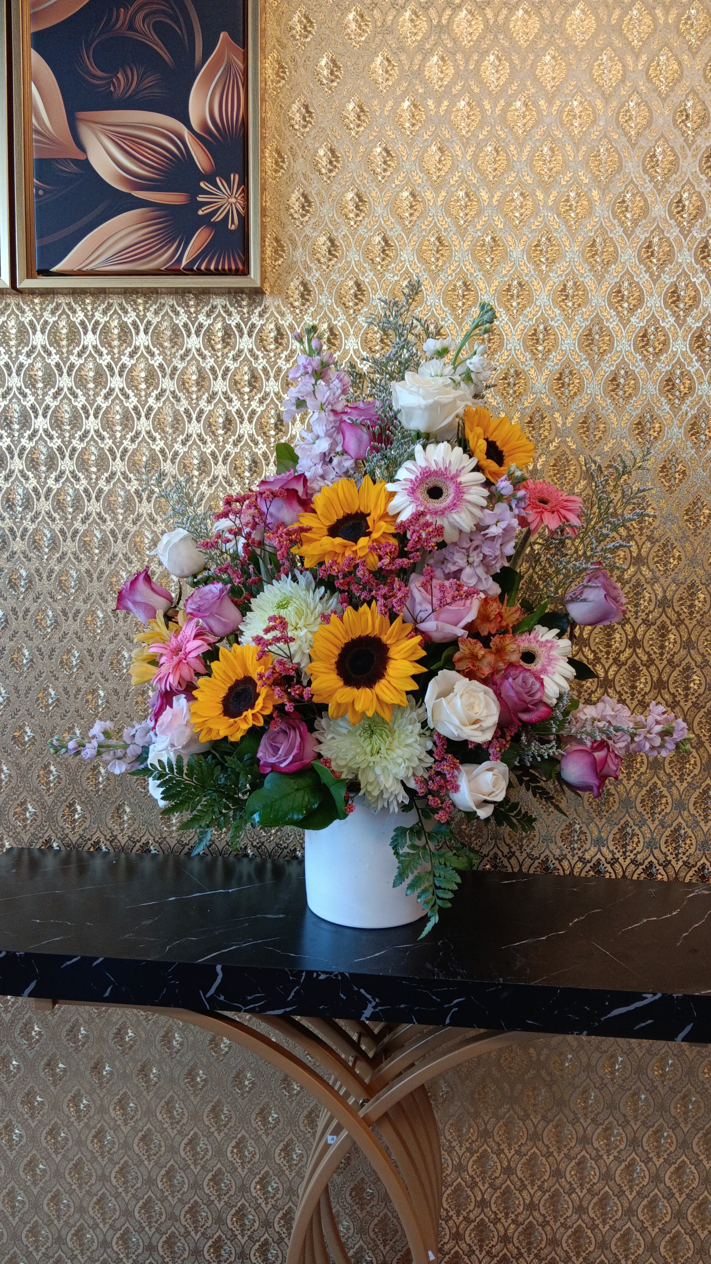 Happy Anniversary/Birthday Luxury Arrangement - Exclusive from Ellie Flowers, includes fresh cut roses and mix yellow and pink flowers, white large vase, and a birthday card and envelope. please specify card message on instructions.  Standard: one dozen roses Deluxe: two dozen roses Premium: three dozen roses