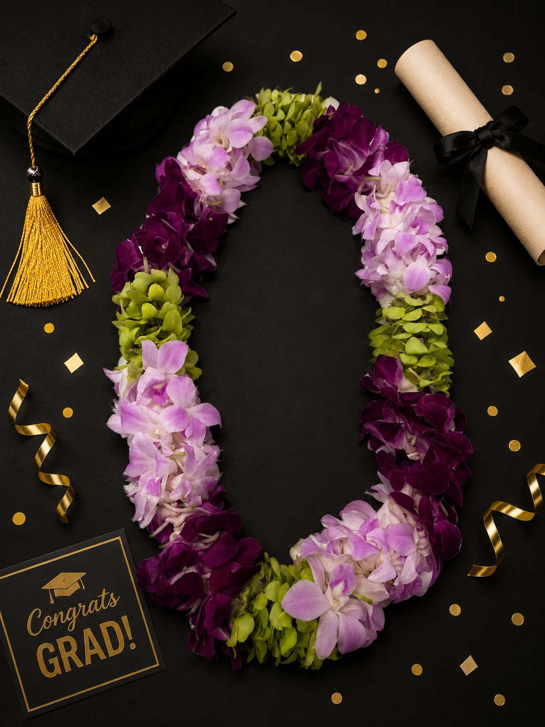 Purple and lavender orchid lei with green accents beside a graduation cap and diploma