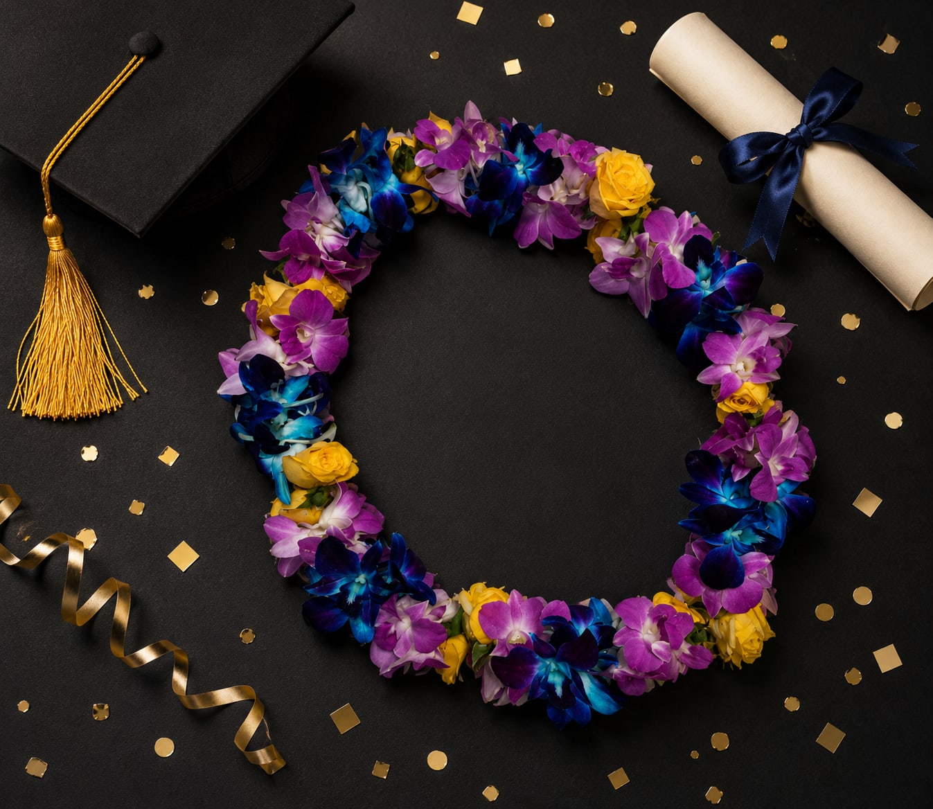 Lei 27 - This lei made with blue and Lavender dendrobium orchid and yellow spray roses