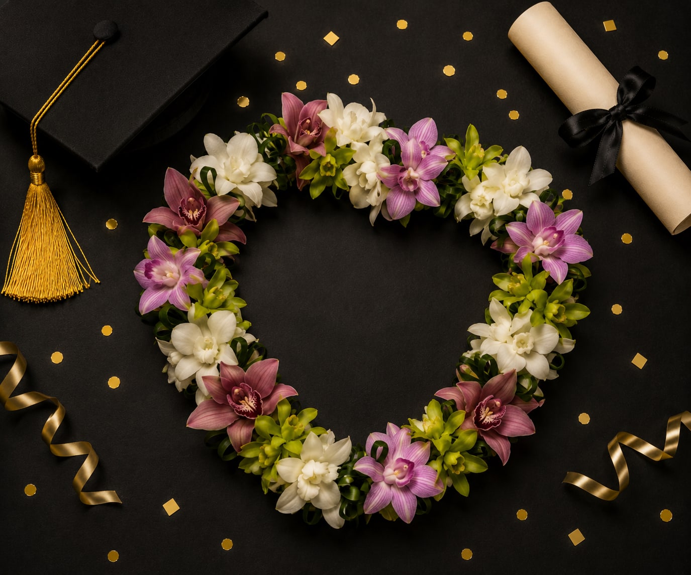 Lei 30 - This beautiful Graduation lei made with  denbrobium  orchids , cymbidium orchids and to leaf 