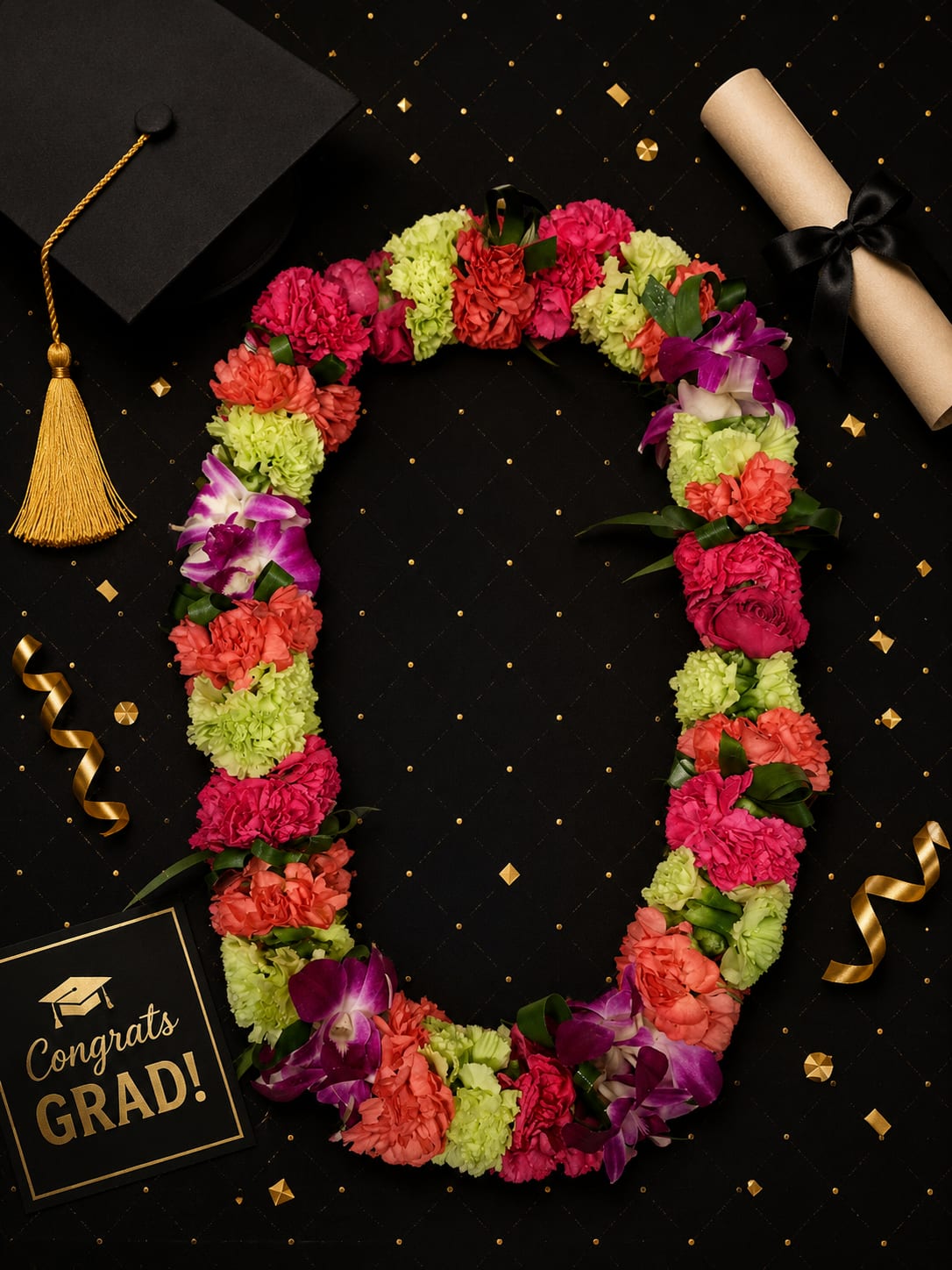 Lei 23 - Florist handmade lei with dendrobium orchids and miniature carnations. Product shown in picture is Deluxe