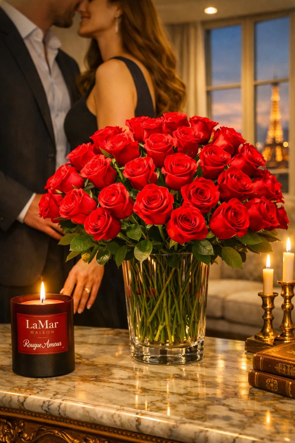 Crimson Affection (Rouge Affection) - A symphony of desire and devotion, Rouge Affectin embodies the temeless language of love. 4 Dozen velvety red roses, petals glowing like embers in the candlelight.  It's a heartbeat made visible - bold, tender, and unforgetable.