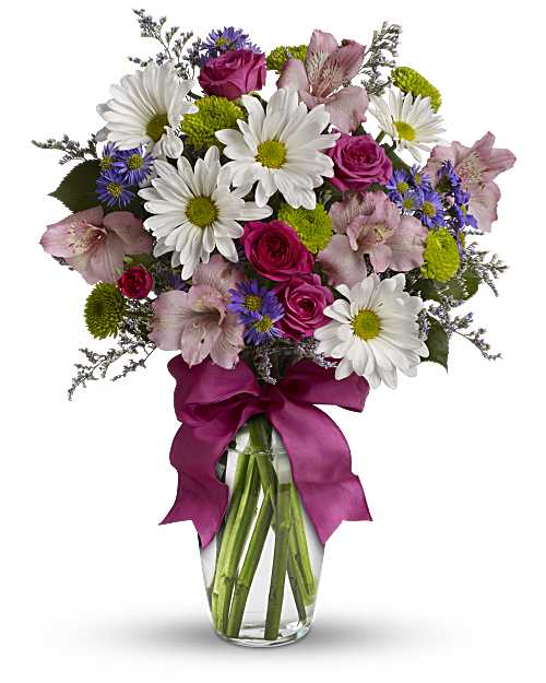 Pretty Please - Looking for the prettiest bouquet in town? We've got the perfect all-around choice! Pretty Please is a flower bouquet with all the right stuff - a lovely mix of fresh flowers in breezy shades of pink, white, lavender and more at a wonderfully reasonable price, all tied up with a big pink bow. A great way to make someone smile.  A mix of fresh flowers such as spray roses, daisy and button spray chrysanthemums, Monte Cassino asters and limonium, in shades of white, pink, green, purple and lavender. Delivered in a vase adorned with a matching ribbon. Orientation: All-Around 