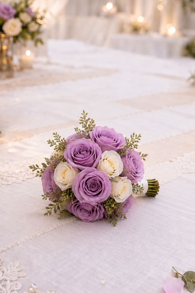 Lavender Skies Bridesmaid Bouquet - Lavender Skies Bridesmaid Bouquet features soft lavender and white roses accented with seeded eucalyptus for a timeless wedding look filled with romance, elegance, and natural beauty. Designed to coordinate beautifully with the bridal bouquet, this smaller-scale bouquet offers the same classic style while maintaining an appropriate size for bridesmaids and attendants.  The combination of lavender and white roses creates a soft, romantic appearance, while seeded eucalyptus adds texture, movement, and a graceful garden-inspired touch. The result is a bouquet that feels refined, fresh, and effortlessly elegant without overwhelming the overall wedding party design.  Perfect for traditional weddings, garden weddings, church ceremonies, outdoor celebrations, and elegant receptions, this bouquet complements a wide variety of wedding styles. The classic rose design allows the flowers to remain the focal point while the eucalyptus provides softness and natural dimension throughout the arrangement.  Designed to create a cohesive wedding collection, this bouquet pairs beautifully with the Lavender Skies bridal bouquet, coordinating centerpieces, corsages, boutonnières, and ceremony flowers. The lavender and white color palette remains one of the most requested wedding flower combinations thanks to its timeless beauty, romantic charm, and elegant simplicity.