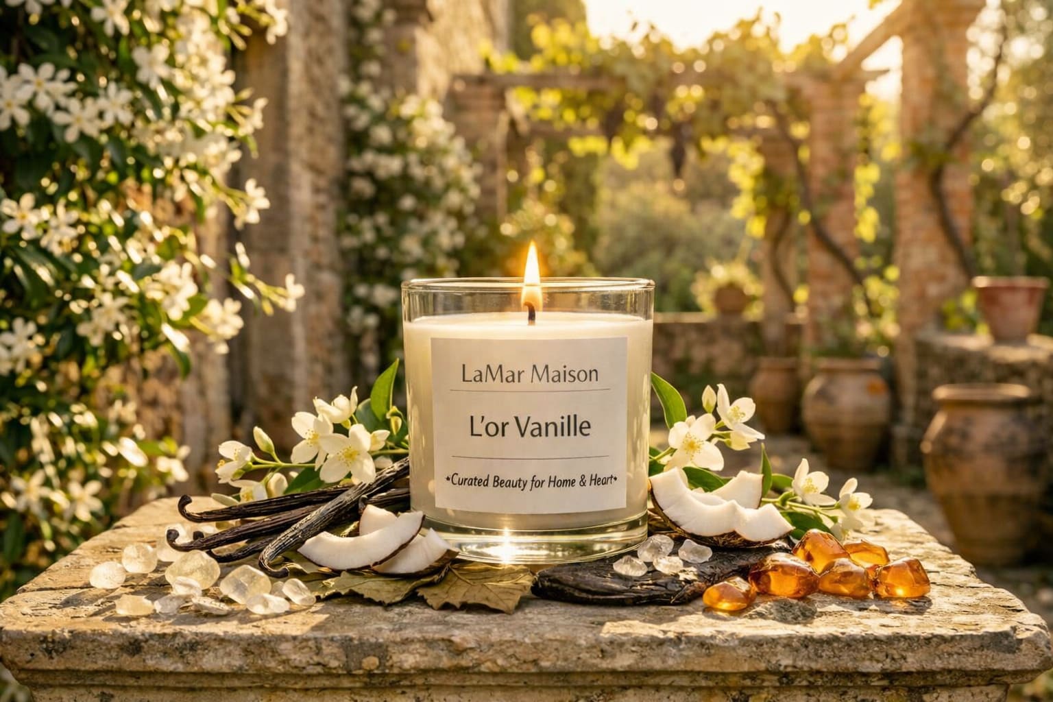 Vanilla Gold (L'or Vanille') - A tribute to vanilla’s opulent past and its enduring allure, this fragrance unfolds like silk draped in sunlight. Creamy coconut and crystalline sugar shimmer at the top, offering a sweet invitation. At its heart, golden vanilla entwines with a whisper of jasmine, adding floral grace to the gourmand warmth. Beneath it all, amber glows with quiet intensity, while patchouli and soft musk lend depth and sensuality. More than a comfort scent, it’s a modern classic—sophisticated, radiant, and irresistibly smooth. Light L’or Vanille’ and envelop your space in golden serenity.