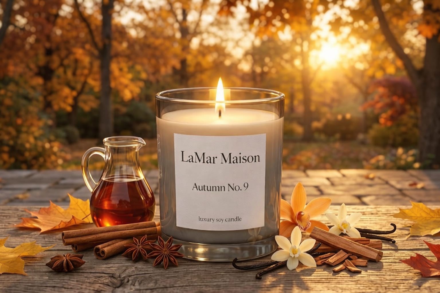Autumn No. 9 - A golden embrace of warmth, memory, and quiet indulgence. Autumn No. 9 is a gourmand amber that wraps the senses in a soft, radiant cocoon. The fragrance opens with the comforting sweetness of maple and cinnamon, melting into a heart of creamy milk, sandalwood, and delicate orange blossom. At its base, powdery heliotrope and almond-like warmth mingle with soft vanilla, creating a nostalgic glow that evokes crisp air, golden leaves, and the hush of fall afternoon Infused with natural essential oils such as eucalyptus, cypress root, and olibanum, Autumn No.9 offers the perfect blend of seasonal serenity. This candle serves as a versatile ode to autumn's tranquil spirit. 