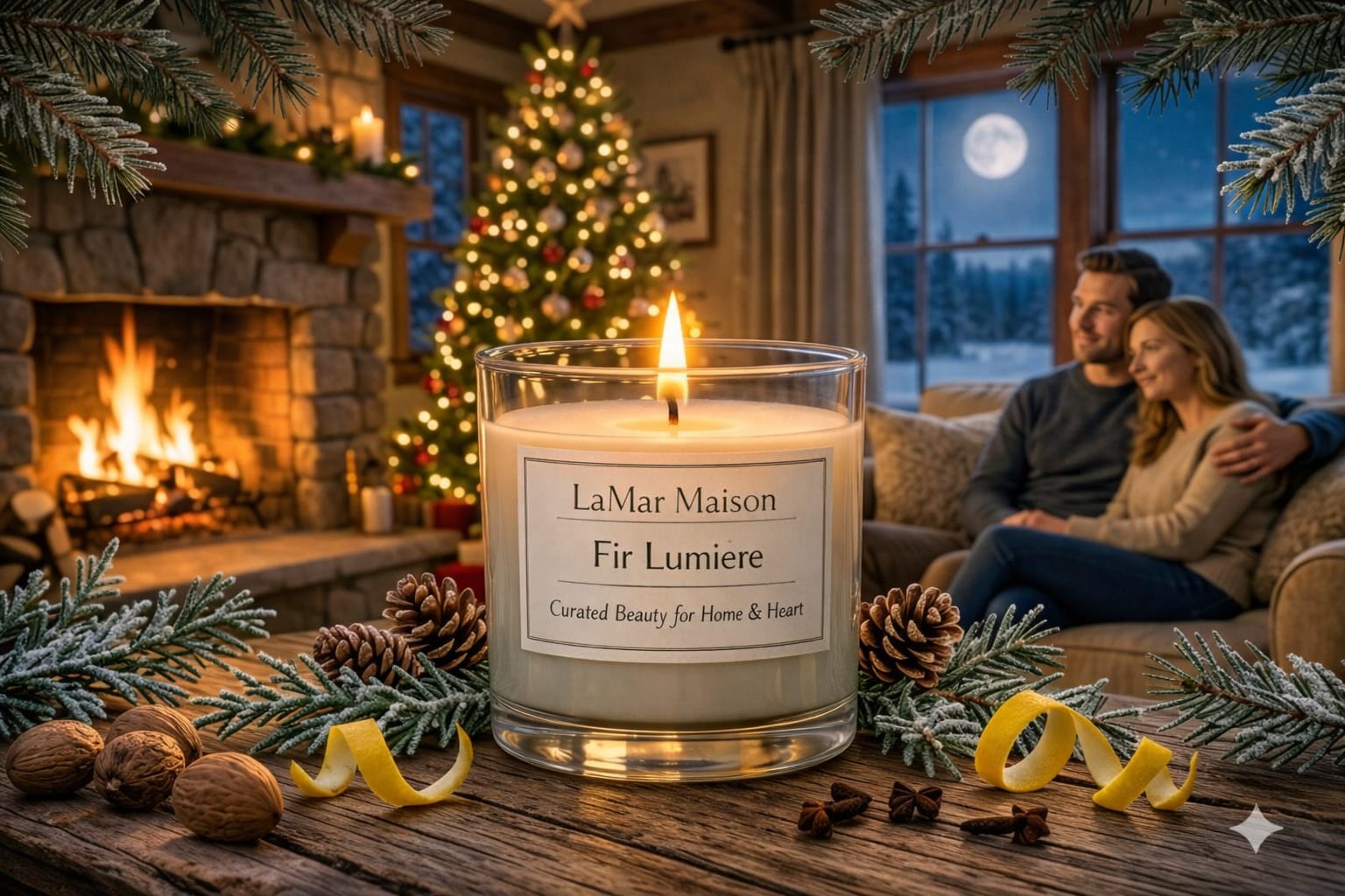 Fir Lumiere - Fir Lumiere is a timeless ode to winter’s embrace, this fragrance captures the crisp serenity of a freshly cut Fraser Fir. Sparkling top notes of cypress and lemon peel awaken the senses like morning frost on pine needles, while a heart of evergreen and cedar conjures the quiet majesty of forested hills. Anchored by a rich base of fir balsam, amber, and moss, it evokes cherished memories of trimming the tree, laughter echoing through firelit rooms, and the comforting hush of snowfall outside. Infused with natural essential oils, this scent is both festive and grounding—the perfect candle for holiday gatherings of friends and family or peaceful winter nights.  