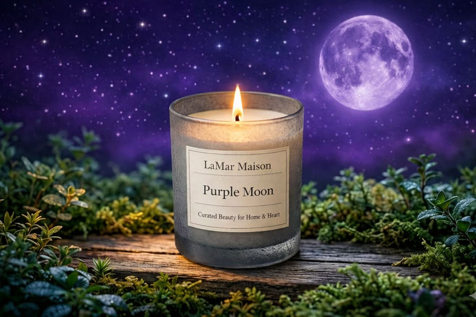 Purple Moon - A veil of intrigue unfurls with this opulent blend, where dusky florals and golden spice entwine. Sparkling bergamot and soft geranium open the scent like whispered secrets, leading into a heart of black violet and crimson rose—lush, romantic, and shadowed. Beneath, saffron smolders with a trace of leather and vetiver, casting a warm, ambered glow over the composition. Purple Moon is sophisticated and sensual, it evokes twilight in a velvet-draped salon