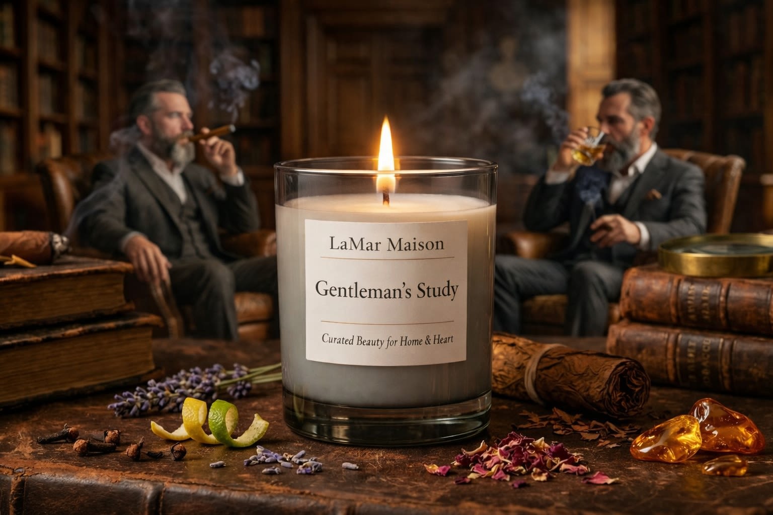 Gentleman's Study - A brooding symphony of smoke, spice, and shadow. This fragrance beckons with an air of dark refinement—where worn leather armchairs meet the golden flicker of candlelight. Sparkling bergamot and smoldering clove ignite the senses, giving way to a heart of resinous labdanum, brushed with wild lavender and the ghost of crushed rose petals. As the scent deepens, it settles into a base of supple leather, sweet tobacco leaf, and molten amber—an earthy sweetness that lingers like whispered secrets in a dimly lit room. This fragrance is rugged yet romantic, ancient yet modern. Infused with natural essential oils including bergamot and clove. 