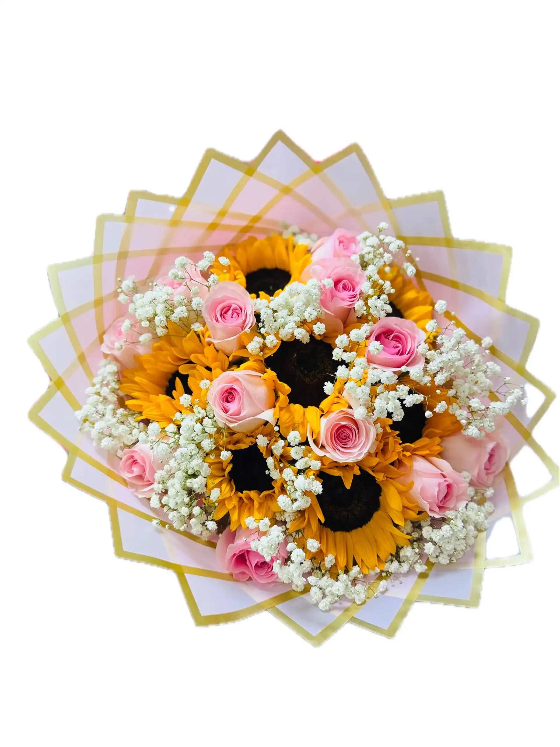 BUCHON NOVIA - 12 LIGHT PINK ROSES  6-7SUNFLOWERS PINK OR WHITE PAPER(PAPER DESIGN WILL VARY DEPENDING ON SUPPLY)