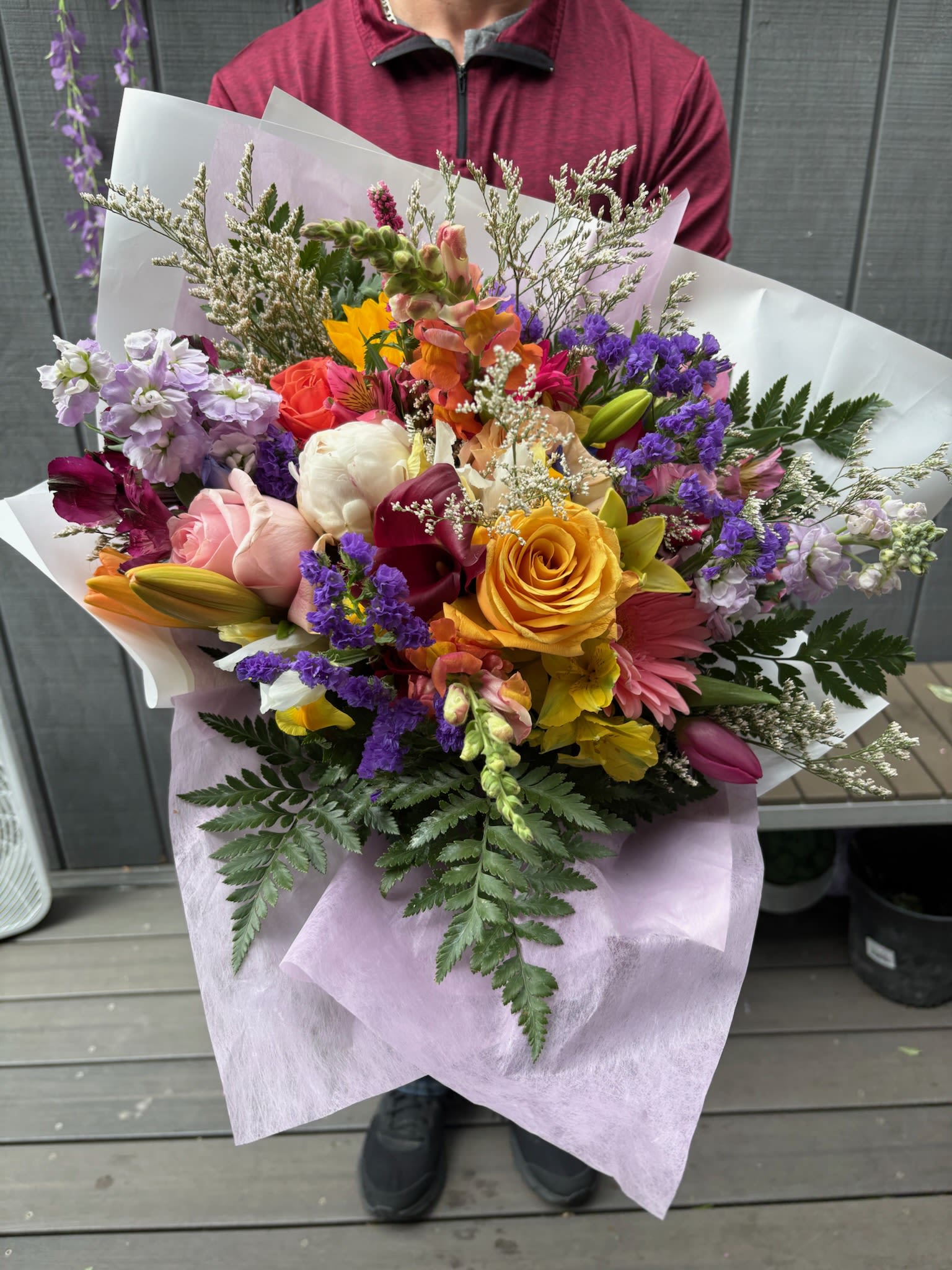  Designer Choice Bouquet by Day  - Fresh custom bouquet, tied and wrapped with a bow.  Designers Choice -Flowers only.