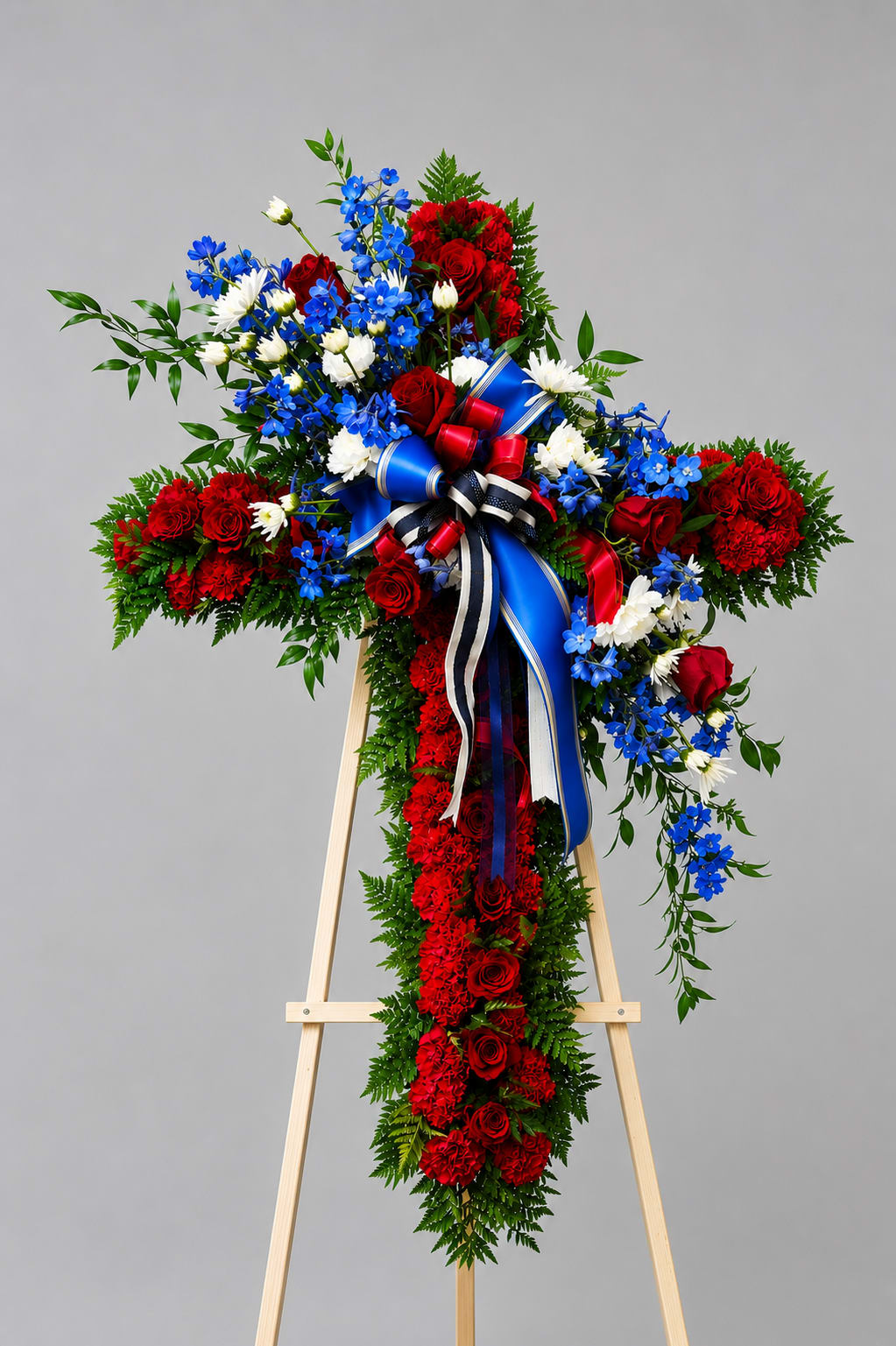 Forever Brave - A large, formal cross of dense red blooms set against bright blue and crisp white accents-this sympathy flower arrangement brings a dignified, patriotic presence to memorial services and graveside tributes. As a sympathy arrangement designed for remembrance, the cross shape on a sturdy wooden easel reads clearly from a distance and offers a respectful focal point for honoring a life.  The design is built from generous clusters of red roses and carnations, punctuated with white daisies and vivid blue blooms, all layered for depth and balanced with trailing greenery. Decorative ribbon bows are gathered at the center to emphasize the cross's heart, and the wooden easel gives the piece a classic, ceremonial profile that stands securely during service and visitation.  Choose this piece when you want the person you're honoring to feel remembered with dignity-ideal for veterans' funerals, patriotic memorials, or any service where a strong red, white, and blue statement is fitting. Because it's a standing display, no vase is required; ordering and delivery details follow at checkout, and our team will ensure the easel and ribbons are arranged for secure transport and presentation.