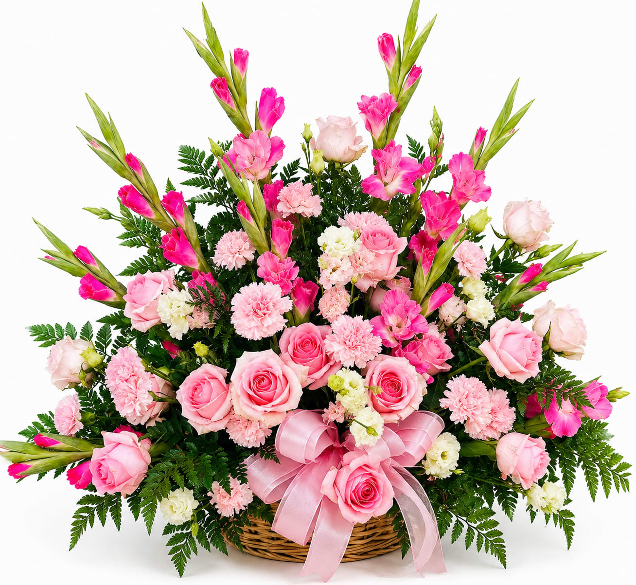Sweet Remembrance Basket - A lush, rounded basket brimming with pink roses and carnations creates an immediate feeling of tenderness-perfect as a birthday bouquet, Mother's Day arrangement, or a romantic gesture. The Sweet Remembrance basket presents the flowers in a dense, layered silhouette so the person you're thinking of will feel embraced by color and texture the moment it arrives.  Soft white accents and bright magenta, gladiolus-like spikes lift the design, adding height and a lively, celebratory touch against the pale pinks and fresh greens. Arranged in a classic wicker basket with a satin pink ribbon, this piece reads as feminine and giftable; the compact, rounded form is both easy to display and richly full without overwhelming a tabletop or mantle.  Send this to make someone feel truly seen and cherished-whether celebrating a special day or simply saying "I'm thinking of you." The basket design keeps stems neatly arranged; as with most mixed arrangements, fresh water and a cool spot away from direct sun will help the blooms last longer.