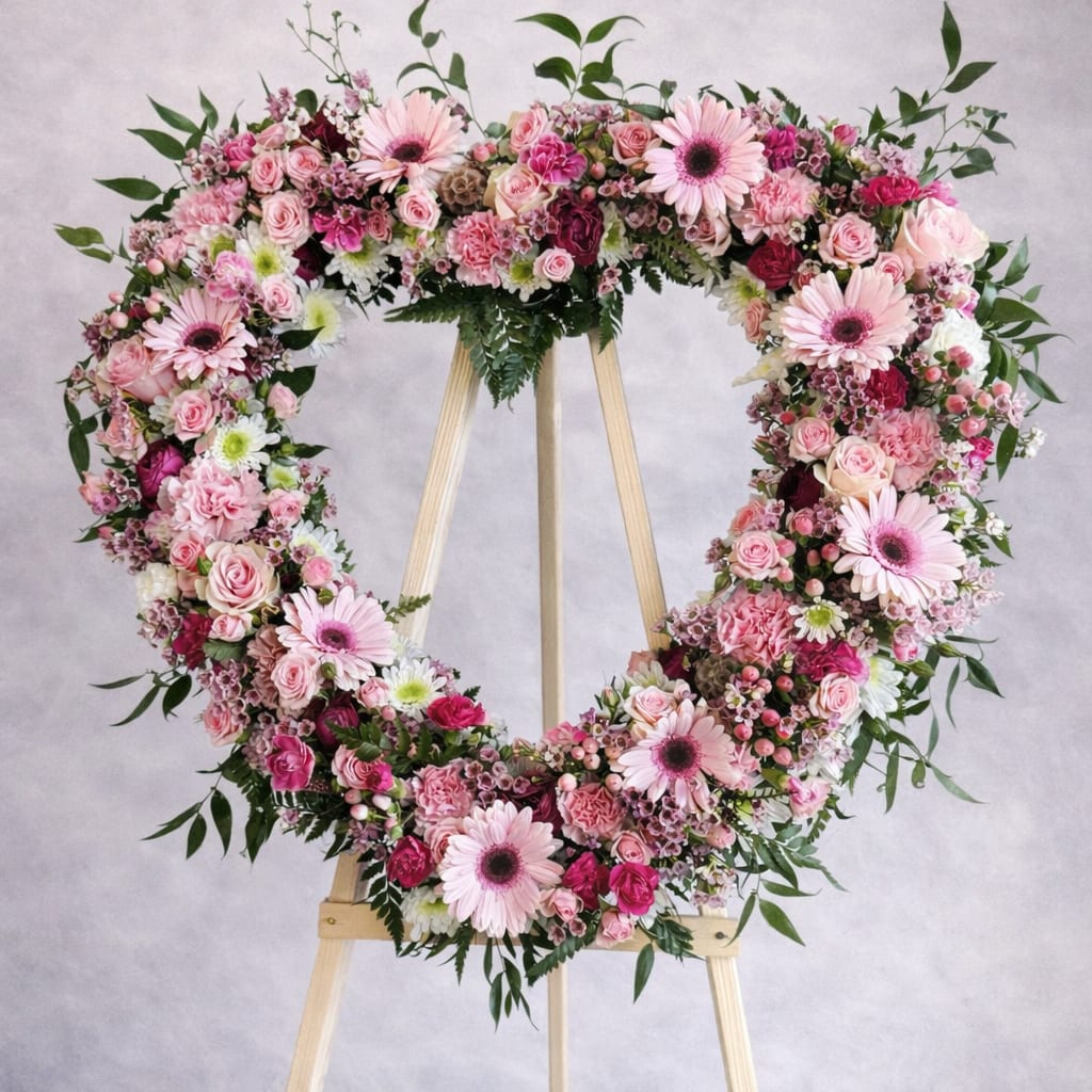 Heart of Grace - A lush heart-shaped wreath in soft pinks and whites, this funeral or wedding heart arrangement instantly reads as a heartfelt tribute or romantic statement. The arrangement is a heart-shaped flower display on a wooden easel-perfect as a sympathy memorial tribute or as an elegant anniversary or wedding focal piece that honors love and remembrance.  Densely packed with pink roses, pale pink gerbera daisies, carnations, chrysanthemums and small white and green accent blooms, the wreath blends delicate textures and layered color: soft blush tones throughout with deeper magenta accents and mixed dark and light greenery woven at the edges. The wooden easel gives it a formal, upright presentation and the compact, full covering of blooms creates a plush, sculpted silhouette that reads beautifully from a distance.  Made to comfort or celebrate the person you're honoring, this heart arrangement sends a clear message of love and grace-appropriate for a memorial service, graveside display, wedding celebration, or anniversary tribute. Because it's mounted on a freestanding easel, it's easy to display at venues or funeral homes; please contact us for delivery or placement details to ensure the piece arrives and is set up where it will make the most impact.