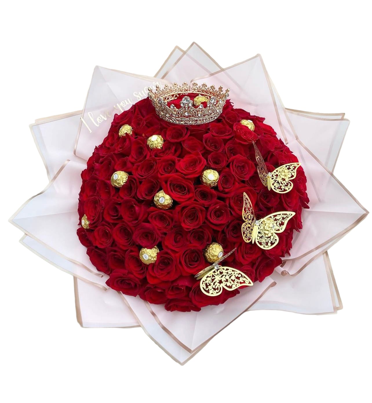 Round bouquet of red roses with a crown and gold butterfly accents