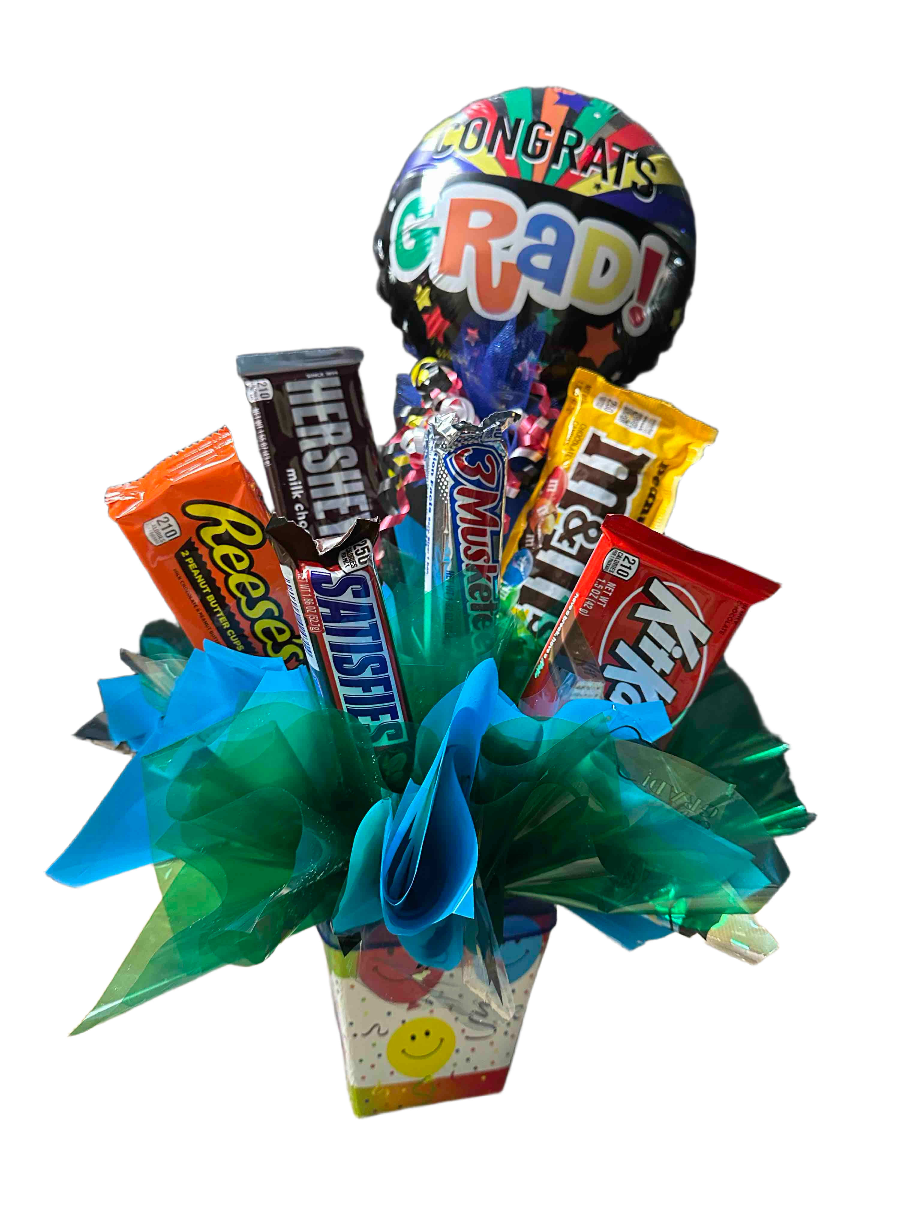 Small "Congrats Grad Candy" Bouquet - Assorted candy bars in a decorated gift box with a  small "Congrats Grad!" foil balloon 