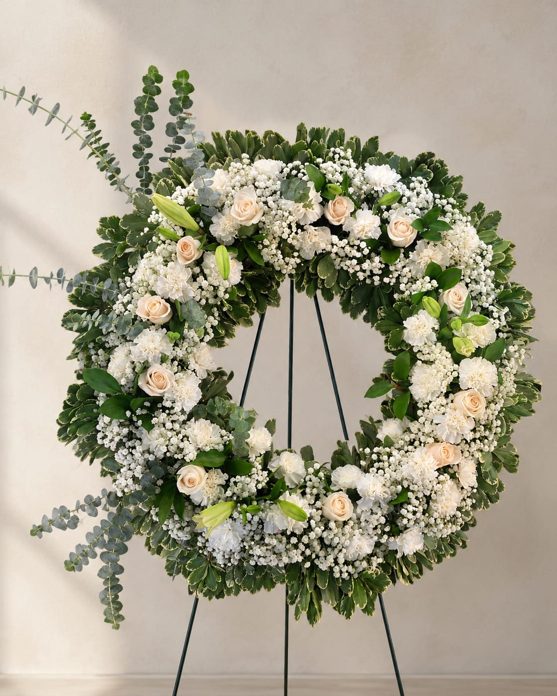 Eternal Peace Wreath - Ivory roses and white lilies arranged in a full circular wreath create a tranquil, ceremonial display perfect for sympathy or memorial services. This funeral wreath is designed to convey calm and comfort to the person you're honoring - the soft white-and-green palette and classic round form read as respectful and composed, appropriate for a graveside service, memorial, or a serene wedding tribute.  Hand-crafted with creamy white roses, fragrant white lilies, white carnations and clustered filler blooms set against dense green foliage and trailing eucalyptus, the arrangement reads lush and textural up close. Mounted on a sturdy black metal easel stand, the wreath presents at full height for easy display; its generous size and even form make it visible from a distance while remaining gentle in tone.  For someone mourning or remembering a loved one, this arrangement sends a message of enduring care and quiet support. Standard care is minimal for displayed sympathy pieces; keep away from direct sun and wind before the service and the local florist will handle delivery and setup on the included easel for ceremony use.