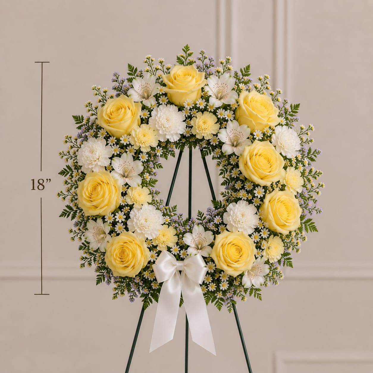 A Gentle Goodbye - Wreath - This wreath comes in 3 sizes and is designed with love. White, soft yellow flowers and lush greens create a backdrop for soft yellow roses. A white bow adorns the bottom edge of the wreath. The wreath may be purchased separately or as part of the A Gentle Goodbye Package