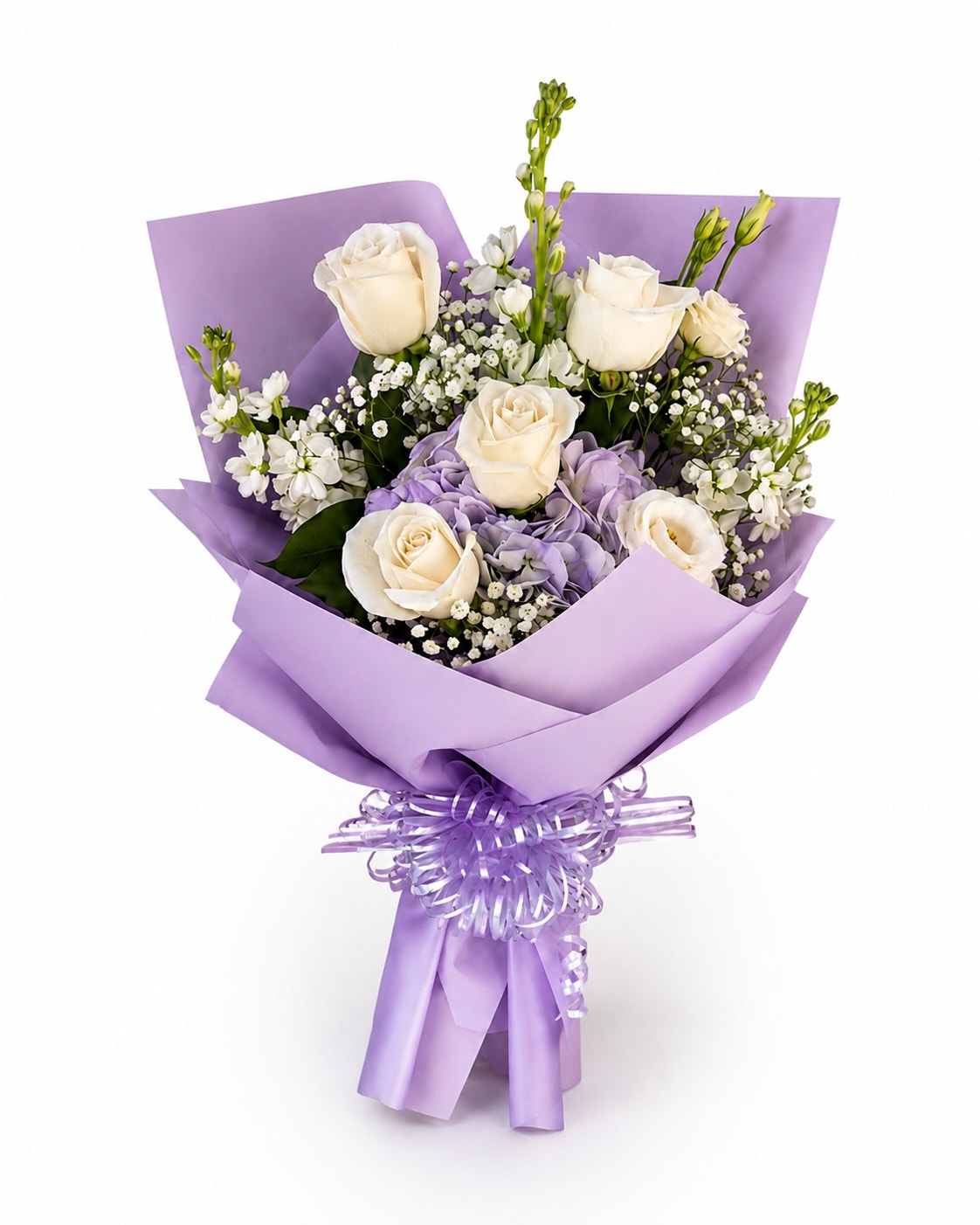 NYU Honor Bouquet - Celebrate your NYU graduate with a soft and elegant bouquet designed in beautiful shades of lavender and white. Featuring white roses, lavender hydrangeas, delicate baby’s breath, and seasonal blooms, this hand wrapped arrangement captures the excitement and pride of graduation day with a timeless and graceful style.