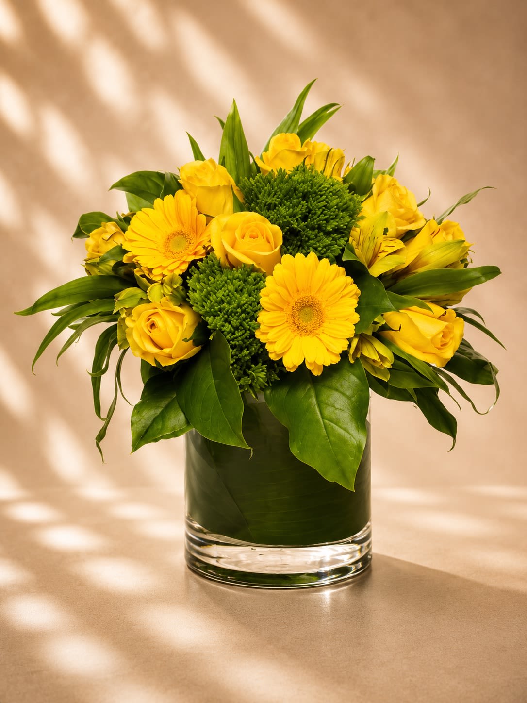 Golden Soleil Garden - Radiant and uplifting, Golden Soleil Garden blends vibrant yellow roses, cheerful golden gerbera daisies, lush green trick dianthus, and fresh seasonal greenery in a sleek modern leaf-lined vase. This design captures the warmth of sunshine with a sophisticated luxury garden feel.  Yellow blooms symbolize happiness, friendship, positivity, and new beginnings, making this arrangement perfect for celebrations, congratulations, birthdays, thank-you gifts, get well wishes, or simply brightening someone’s day with elegant floral beauty.  Designed with rich texture and vivid color contrast, Golden Soleil Garden offers a fresh modern aesthetic while still feeling abundant, natural, and luxurious. The combination of bright florals and deep green foliage creates a striking centerpiece that instantly energizes any room.