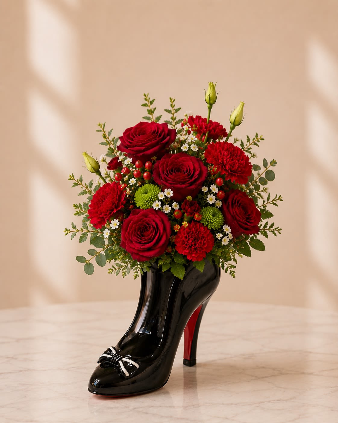 Midnight Heel Blooms - Make a bold and unforgettable statement with Midnight Heel Blooms, a glamorous floral arrangement designed in a sleek black stiletto heel vase. Featuring luxurious red roses, rich red carnations, vibrant green button mums, delicate white filler flowers, and elegant greenery, this compact designer arrangement is perfectly styled to complement the unique heel-shaped vase without overpowering it. Sophisticated, romantic, and fashion-inspired, this arrangement is perfect for anniversaries, birthdays, love and romance, or simply adding a touch of luxury and elegance to any space.