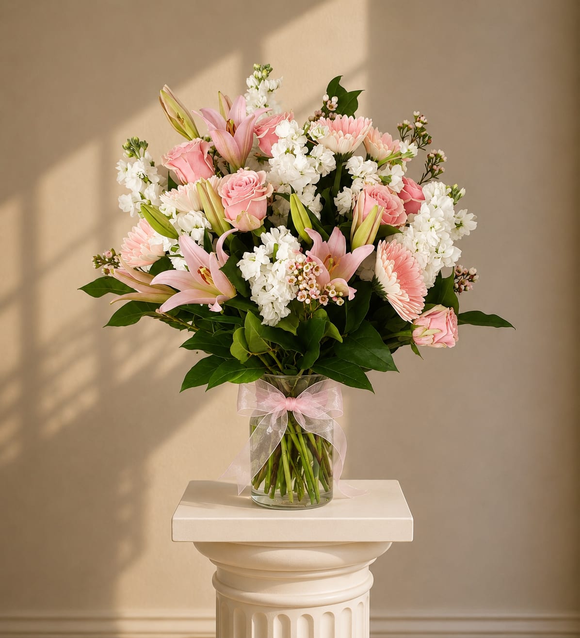 Grace Love Peace - Soft pink lilies and roses take center stage in this romantic birthday bouquet, offering a soft, fragrant focal point that reads as both celebratory and deeply personal. Paired with white clusters and pale pink daisy-like blooms, the arrangement has an airy yet abundant silhouette that feels right for anniversaries, Mother's Day, or any moment you want the person you're thinking of to feel cherished.  The flowers are arranged in a full, rounded composition with layered heights for a lush, formal look. Presented in a clear glass vase and finished with a translucent pink sheer ribbon, the display highlights the palette of pinks, whites, and fresh greens while keeping the style delicate and timeless. This is the kind of bouquet that makes someone feel truly seen-order for delivery to mark a special day or to brighten a room with long-lasting floral charm.