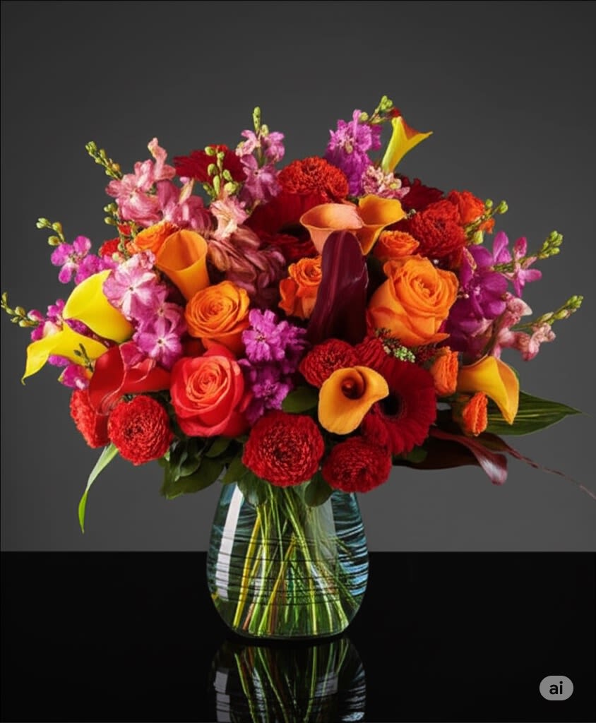 U R Beautiful - Exquisite blooms mixed with Cala, roses, fragrant stock and sprays. Color palette festive.  