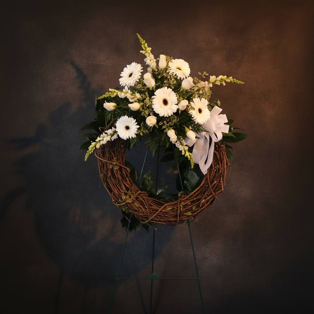 Grapevine Wreath - Huntsville sympathy delivery - Grapevine Wreath White Flowers