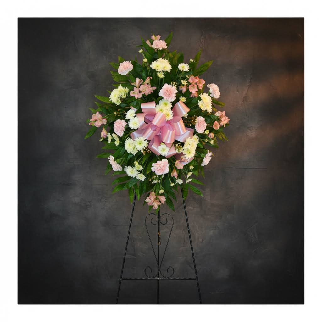 Pink and white floral standing wreath with a pink ribbon on an easel