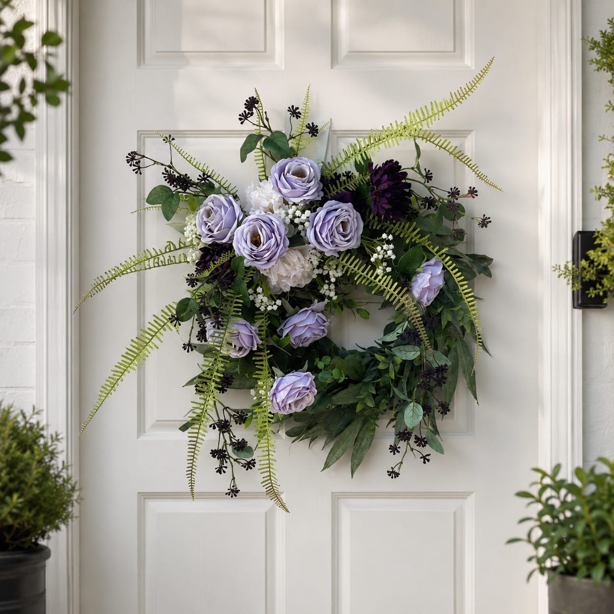 Lavender Estate - Lavender Estate brings timeless garden elegance to your home with soft lavender roses, rich plum accents, flowing greenery, and graceful fern sprays arranged in a one-of-a-kind decorative wreath. Designed with natural movement and layered textures, this handcrafted piece creates a welcoming focal point for front doors, entryways, covered porches, interior walls, and seasonal home décor displays.  The soothing combination of lavender, plum, and green complements cottage, farmhouse, garden, traditional, and transitional decorating styles. Whether displayed during spring and summer or enjoyed year-round, Lavender Estate adds color, charm, and a touch of garden-inspired beauty to any space.  Designed on an 18-inch wreath form, Lavender Estate has a finished size of approximately 28 inches wide by 28 inches tall, including greenery and floral accents. The expanded design creates a fuller appearance and greater visual impact than the wreath base alone.  Suitable for indoor display or protected outdoor use beneath a covered porch or entryway. To preserve its beauty, avoid prolonged exposure to direct sunlight and severe weather.