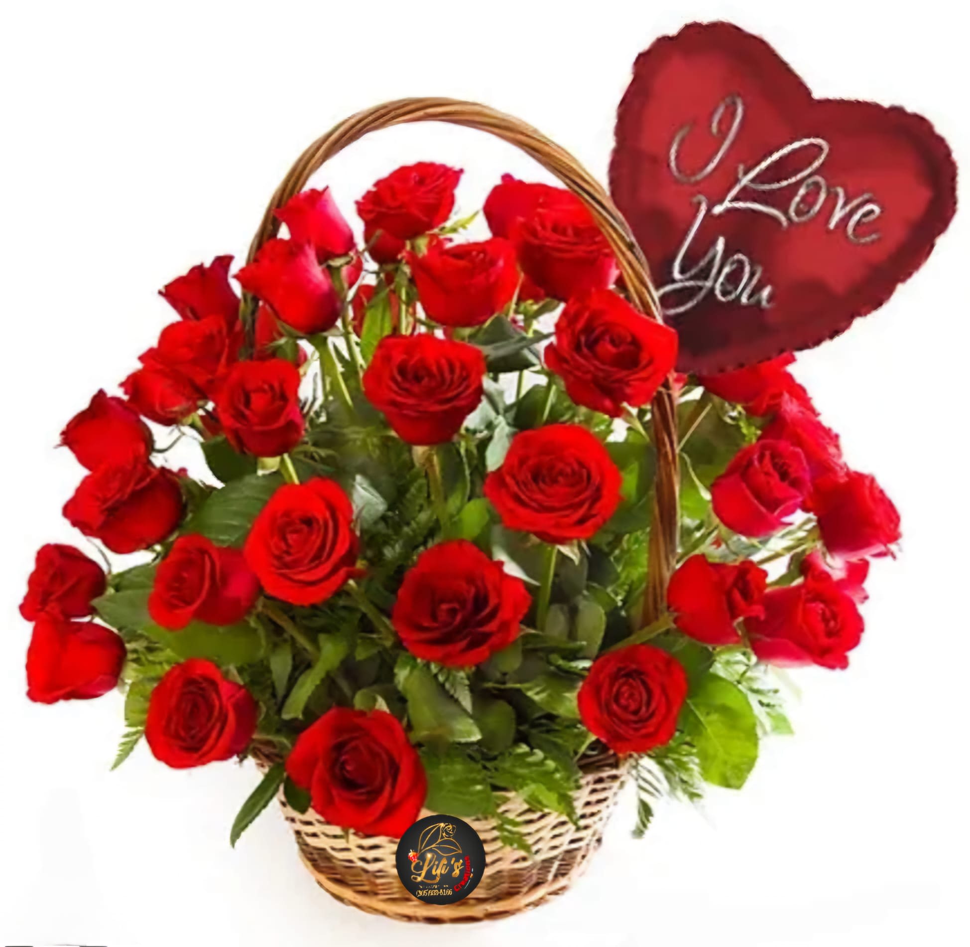 Basket of red roses with a heart-shaped "I Love You" sign